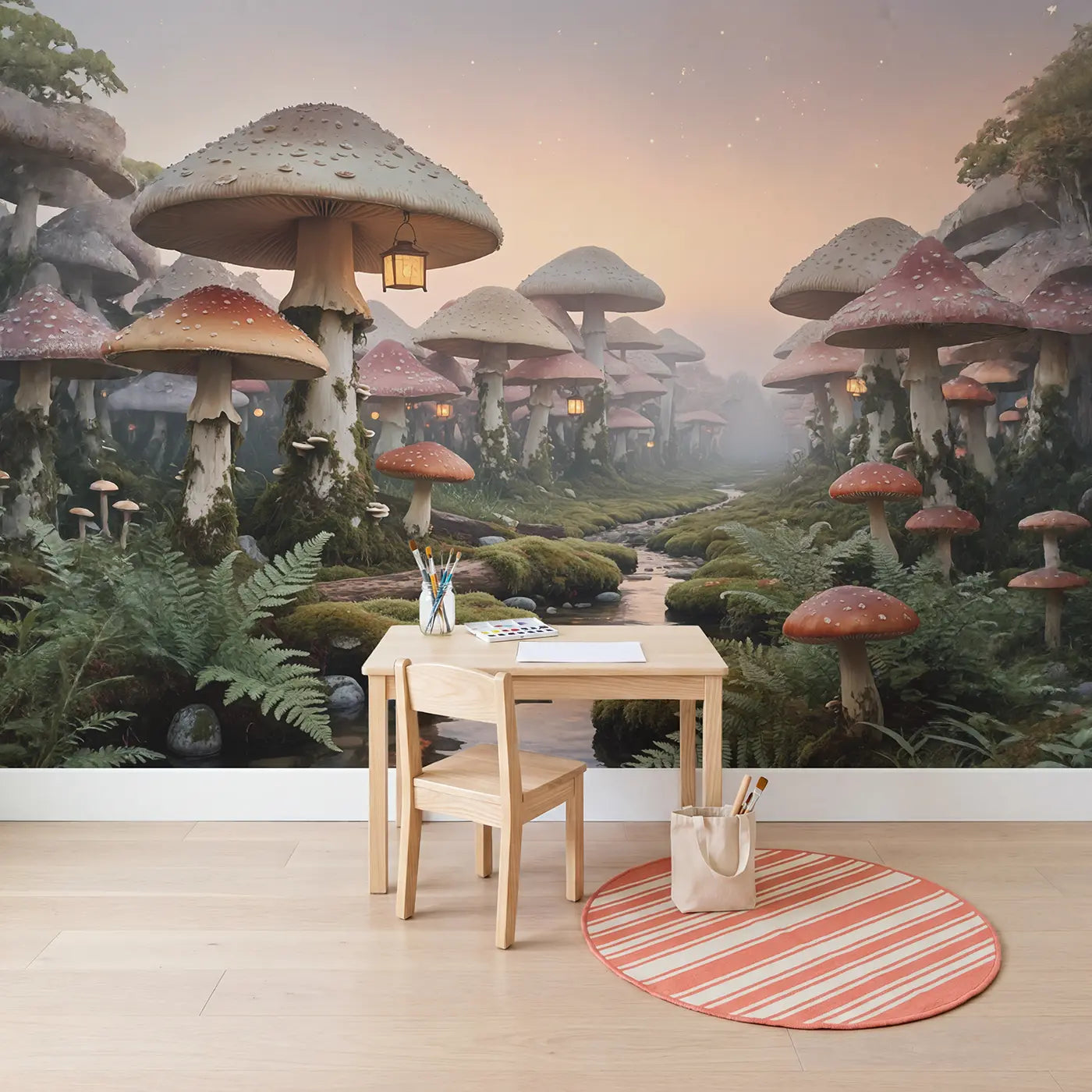 Twilight Mushroom Grove Wallpaper Mural in playroom setting by Whimsy Tots