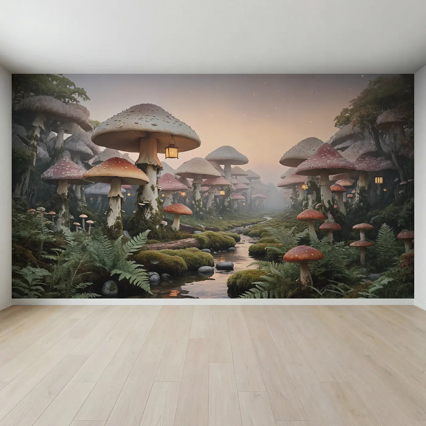 Full view of Twilight Mushroom Grove Wallpaper Mural by Whimsy Tots