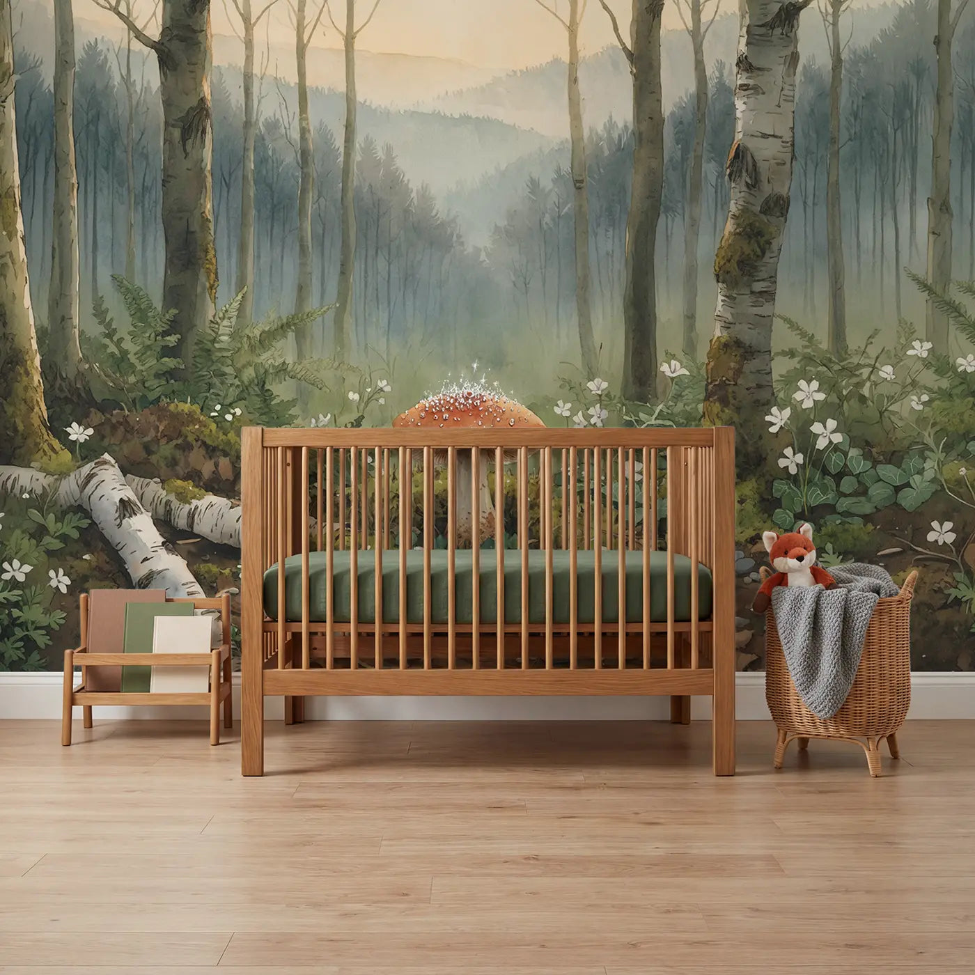 Watercolor toadstool dewdrops forest wallpaper mural for nursery by Whimsy Tots