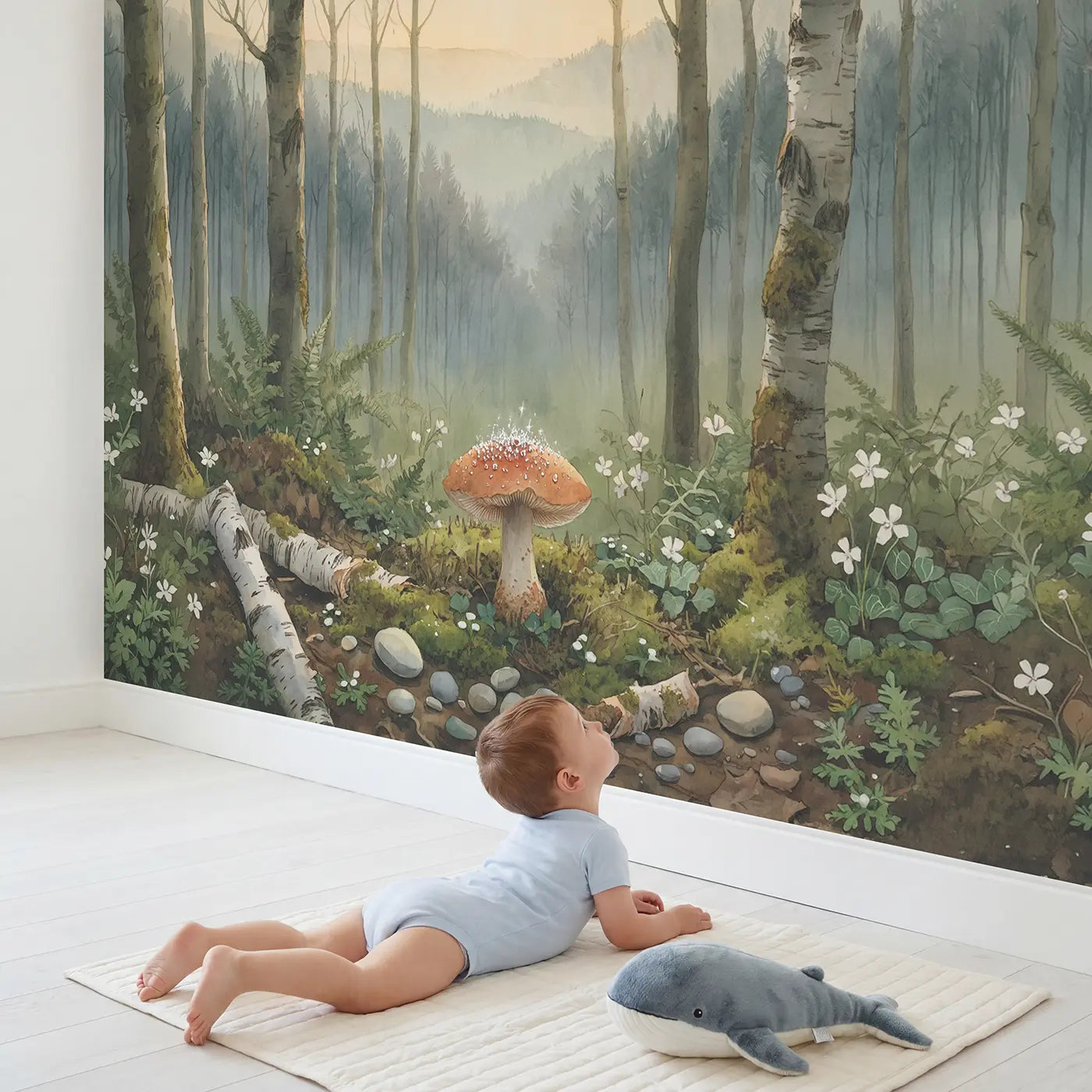 Child in nursery with Toadstool Dewdrops Like Tiny Wallpaper Mural by Whimsy Tots