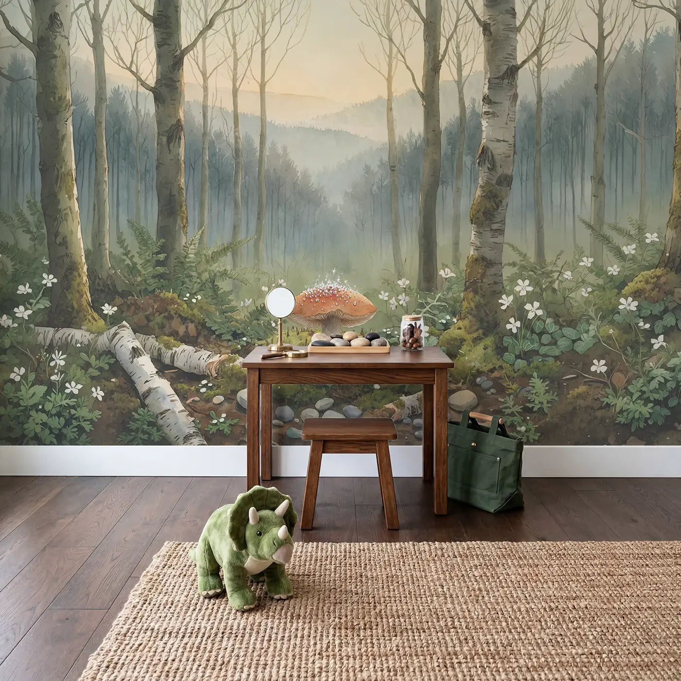 Toadstool Dewdrops Like Tiny Wallpaper Mural in playroom setting by Whimsy Tots