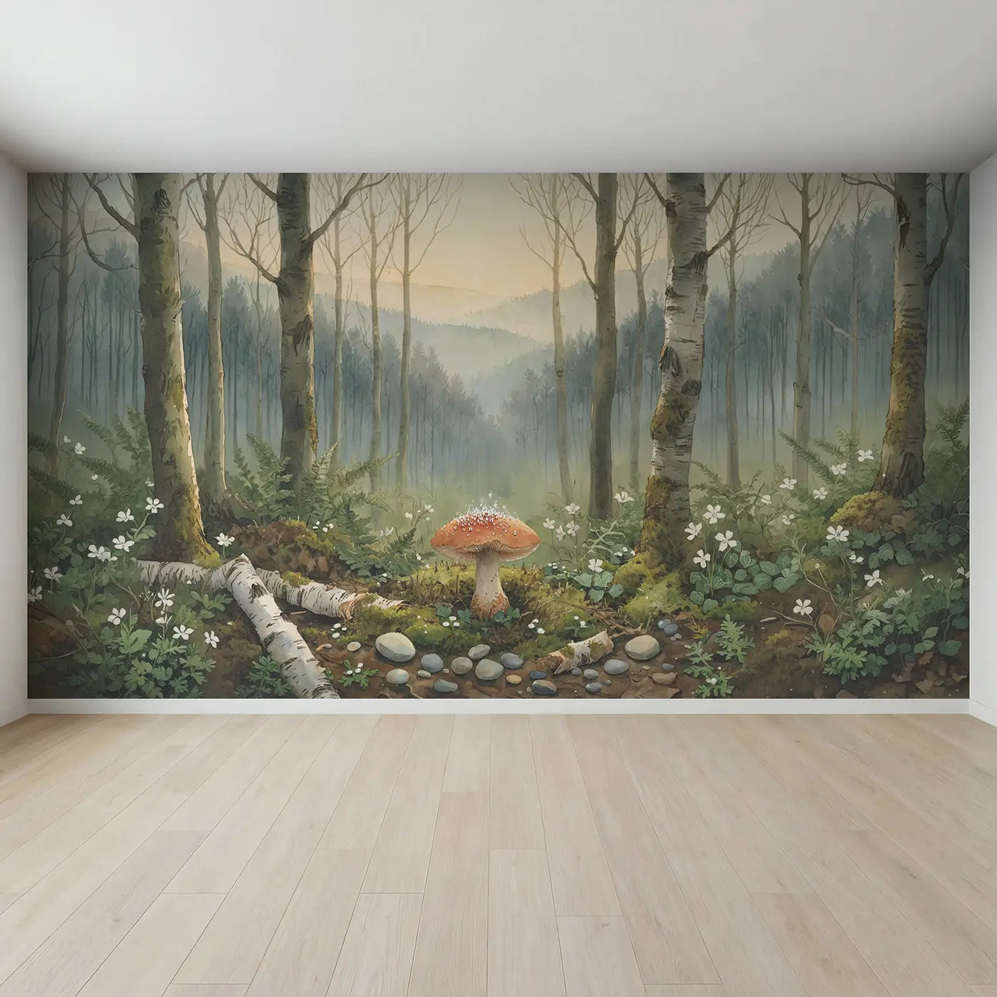 Full view of Toadstool Dewdrops Like Tiny Wallpaper Mural by Whimsy Tots
