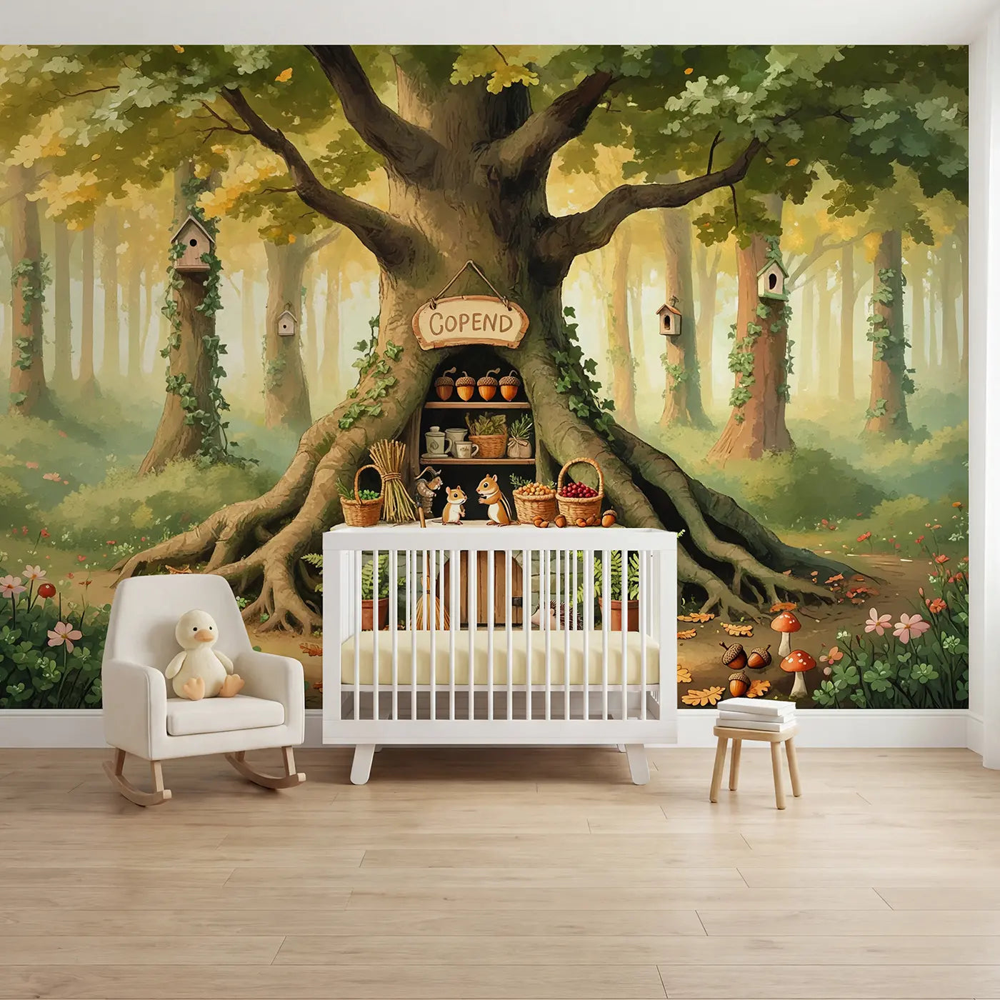 Soft pastel woodland acorn shop cottagecore wallpaper mural for kids room by Whimsy Tots