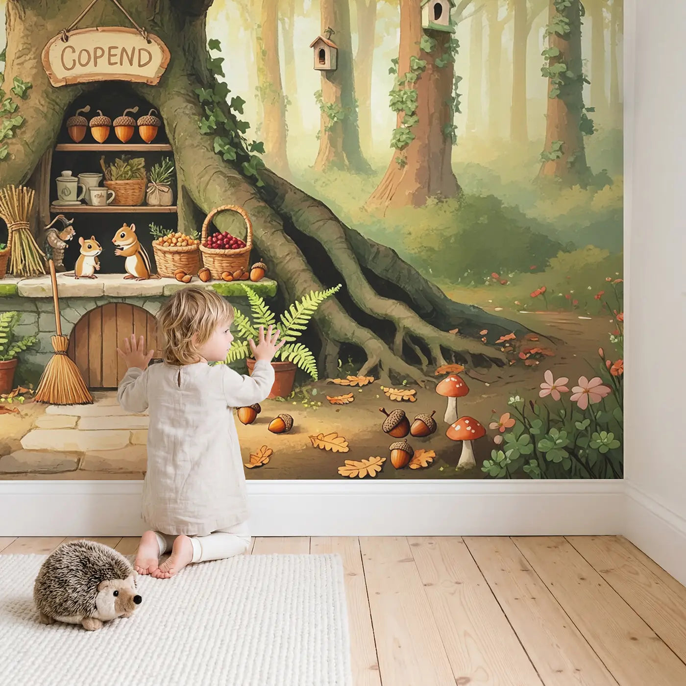 Child in nursery with Acorn Shop Grand Opening Wallpaper Mural by Whimsy Tots
