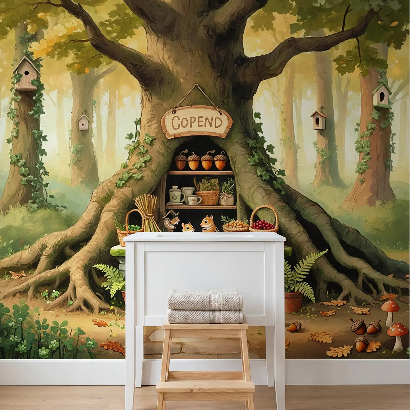 Acorn Shop Grand Opening Wallpaper Mural in playroom setting by Whimsy Tots
