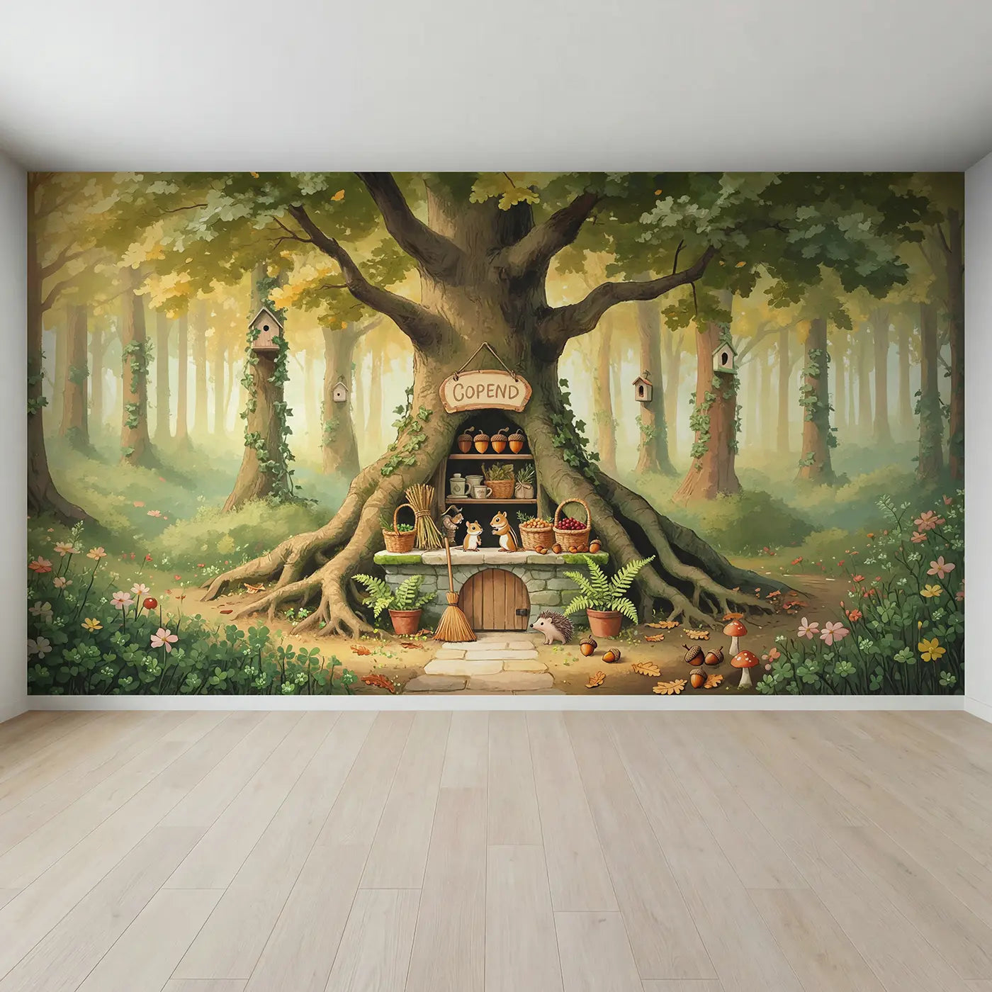 Full view of Acorn Shop Grand Opening Wallpaper Mural by Whimsy Tots