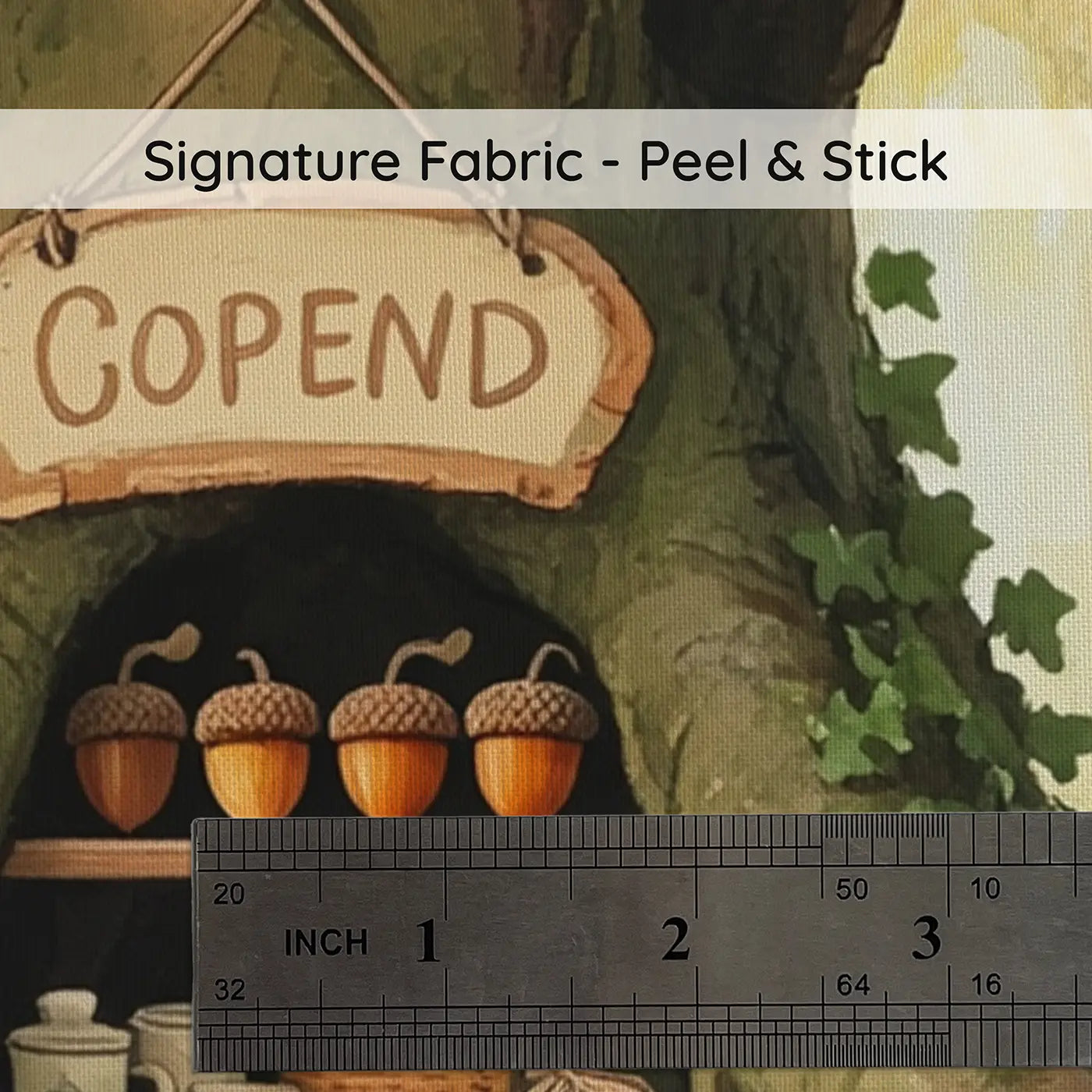 Fabric texture close-up of Acorn Shop Grand Opening Wallpaper Mural by Whimsy Tots