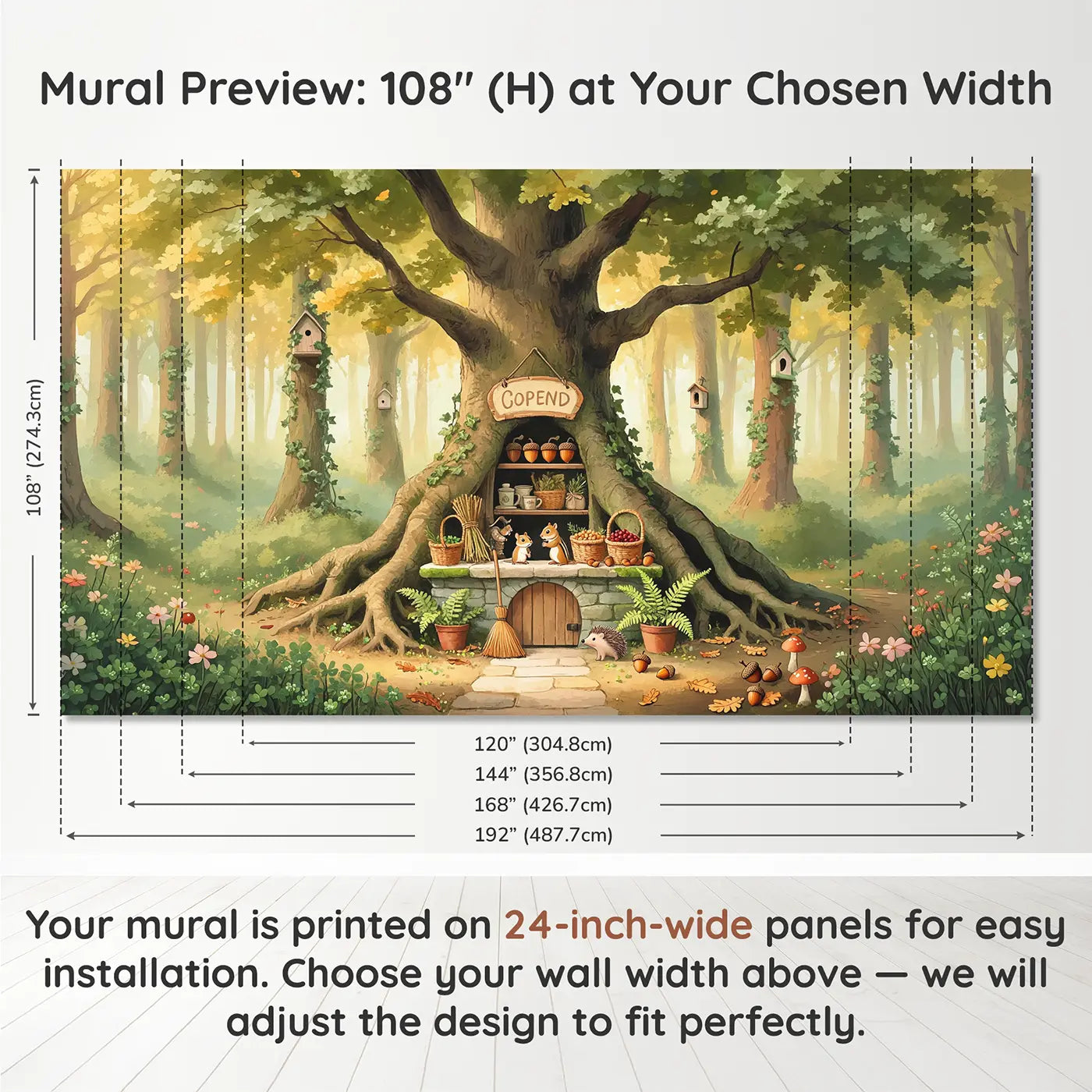 Panel layout and dimensions for Acorn Shop Grand Opening Wallpaper Mural by Whimsy Tots