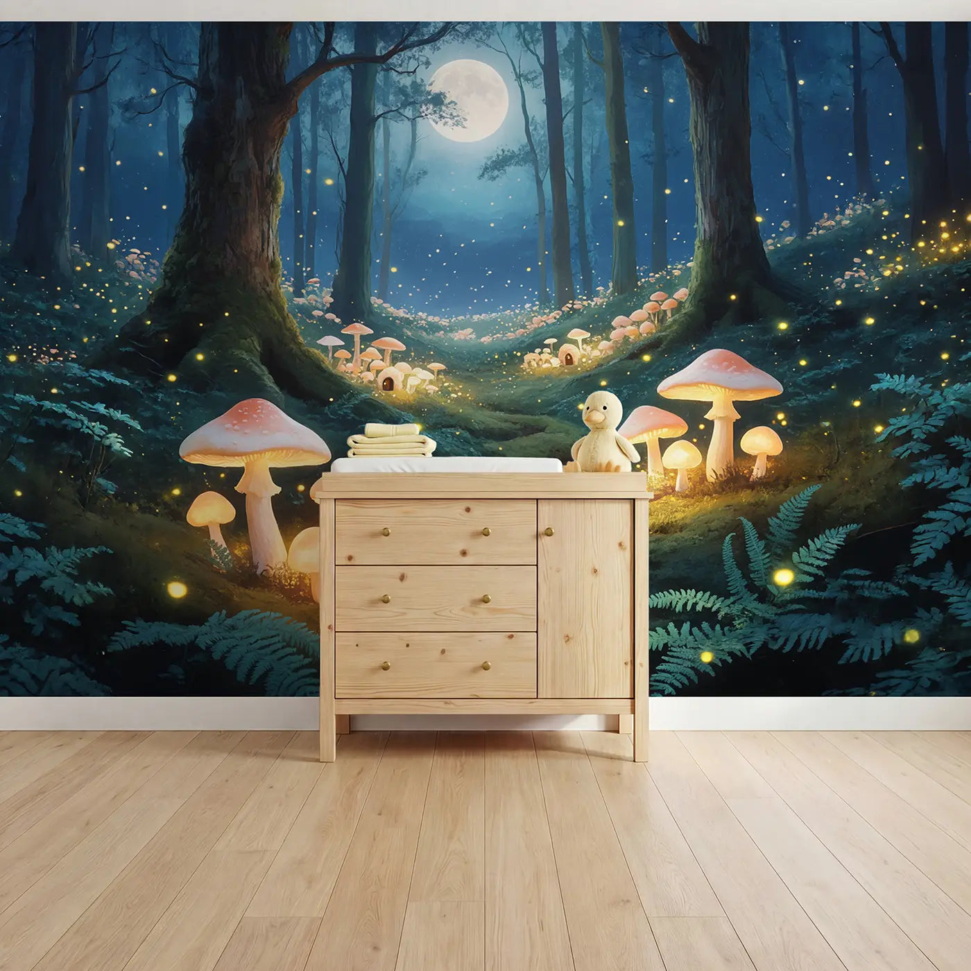 Soft pastel glowing mushroom forest glade wallpaper mural for nursery by Whimsy Tots