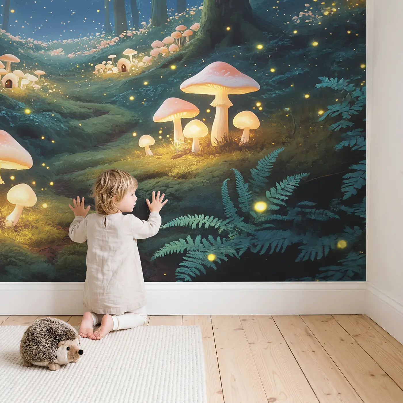 Child in nursery with Moonlit Mushroom Firefly Glade Wallpaper Mural by Whimsy Tots