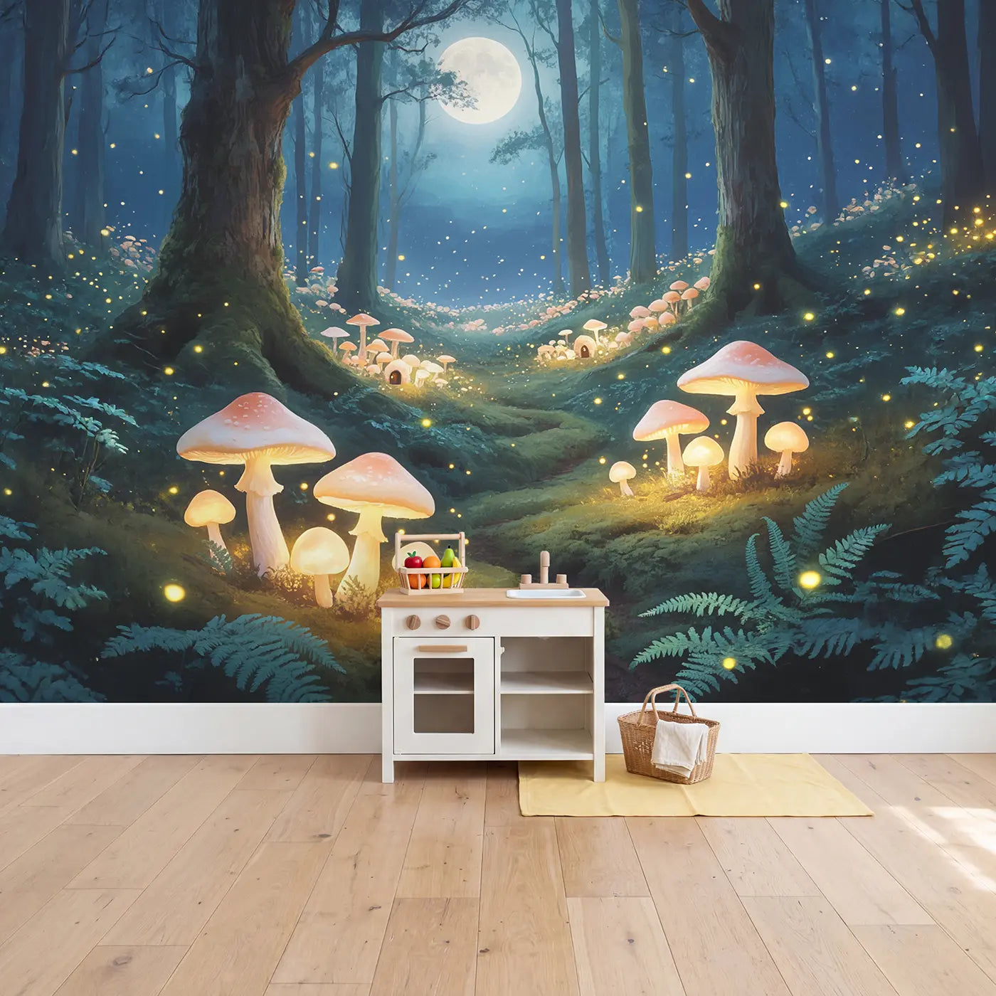 Moonlit Mushroom Firefly Glade Wallpaper Mural in playroom setting by Whimsy Tots