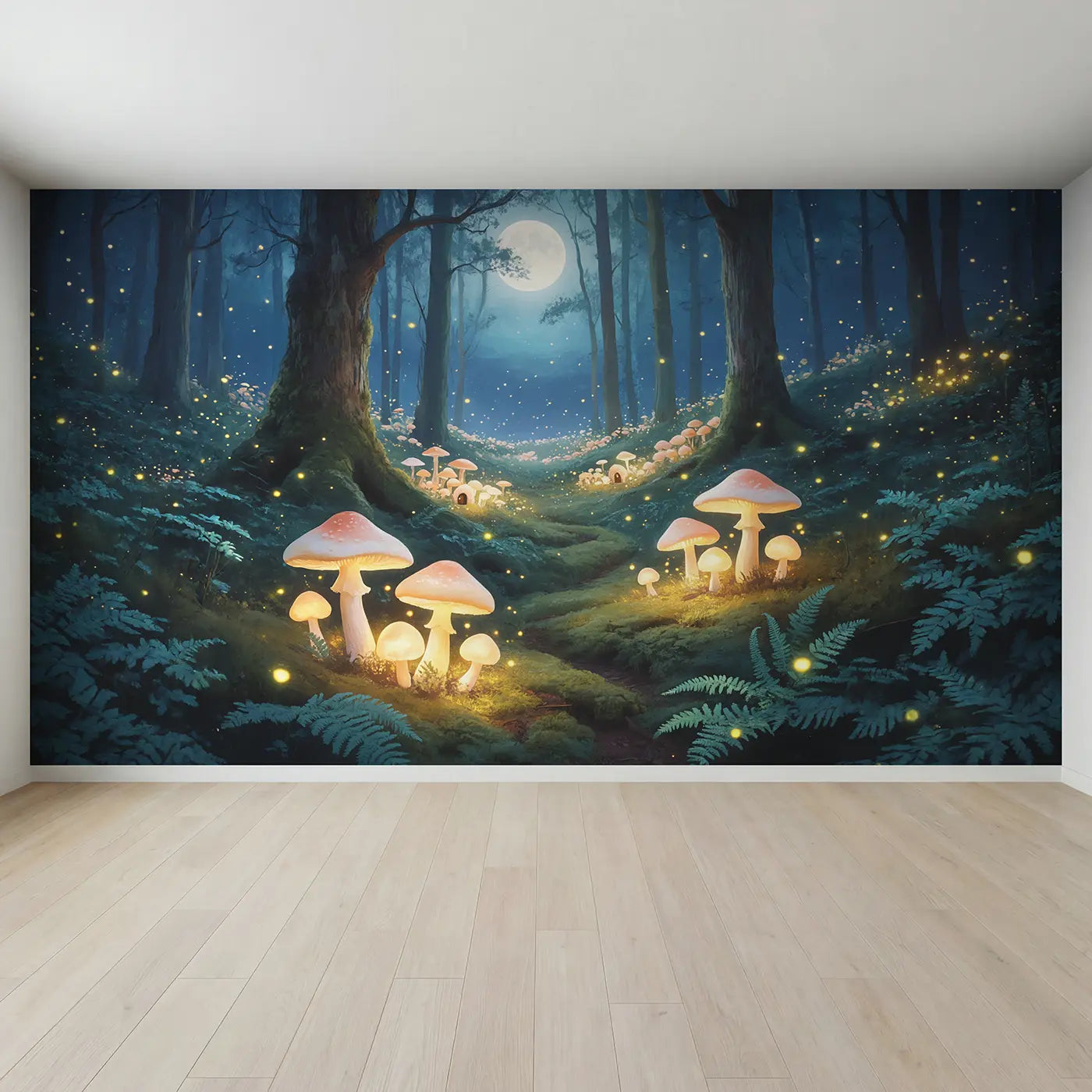 Full view of Moonlit Mushroom Firefly Glade Wallpaper Mural by Whimsy Tots
