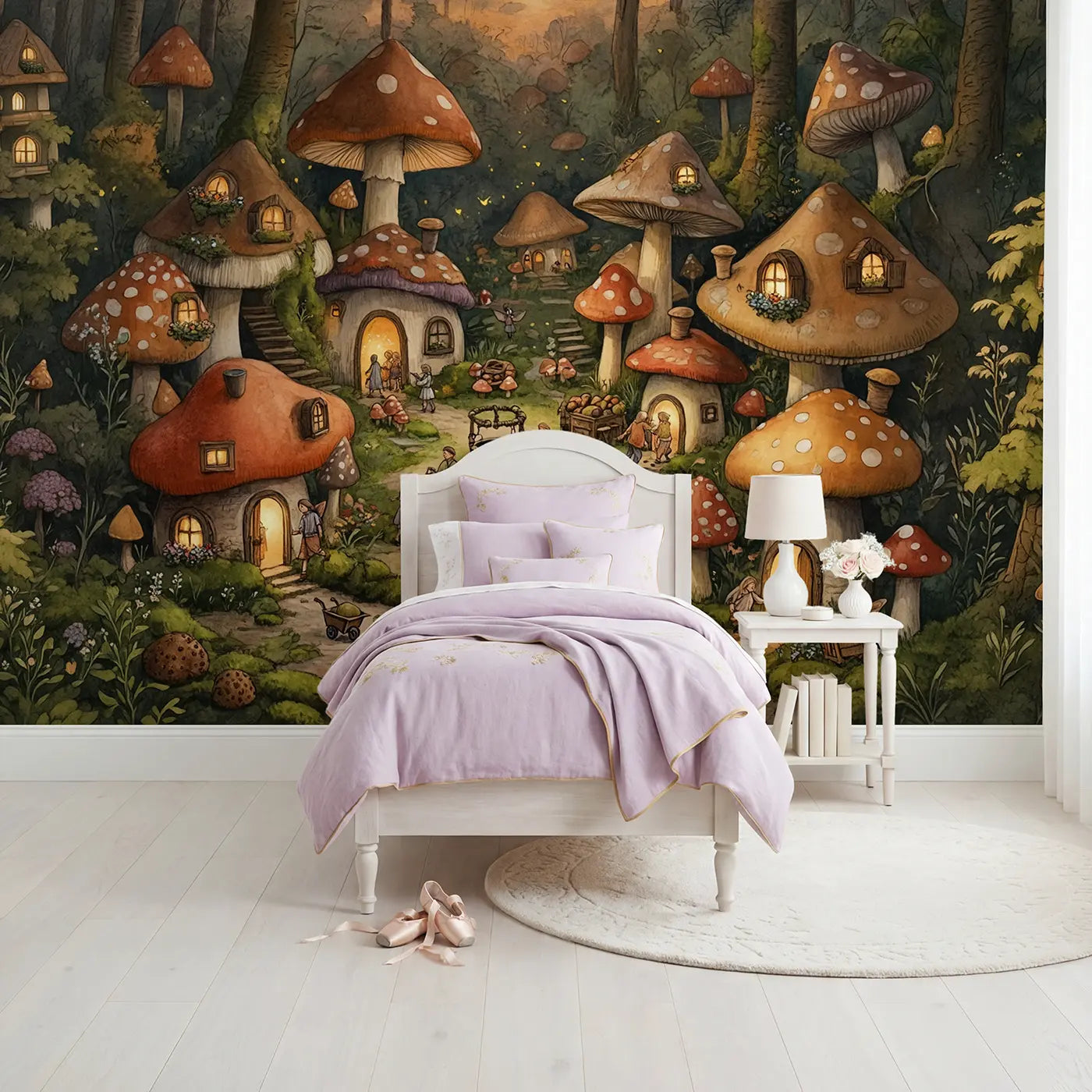Storybook twilight mushroom village lanterns wallpaper mural for girls room by Whimsy Tots