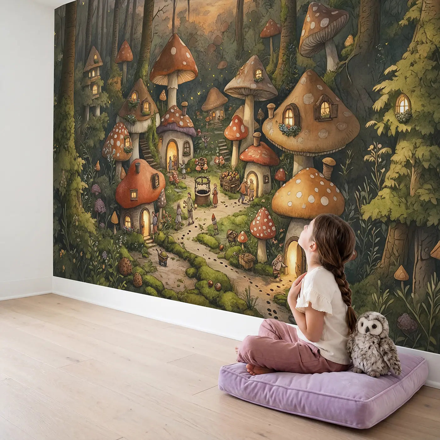 Child in nursery with Twilight Mushroom Village Wallpaper Mural by Whimsy Tots