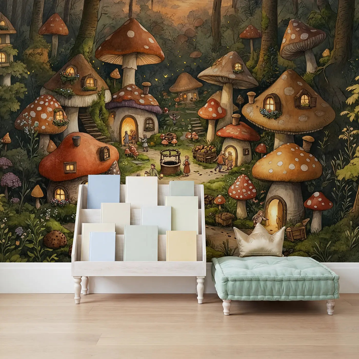 Twilight Mushroom Village Wallpaper Mural in playroom setting by Whimsy Tots