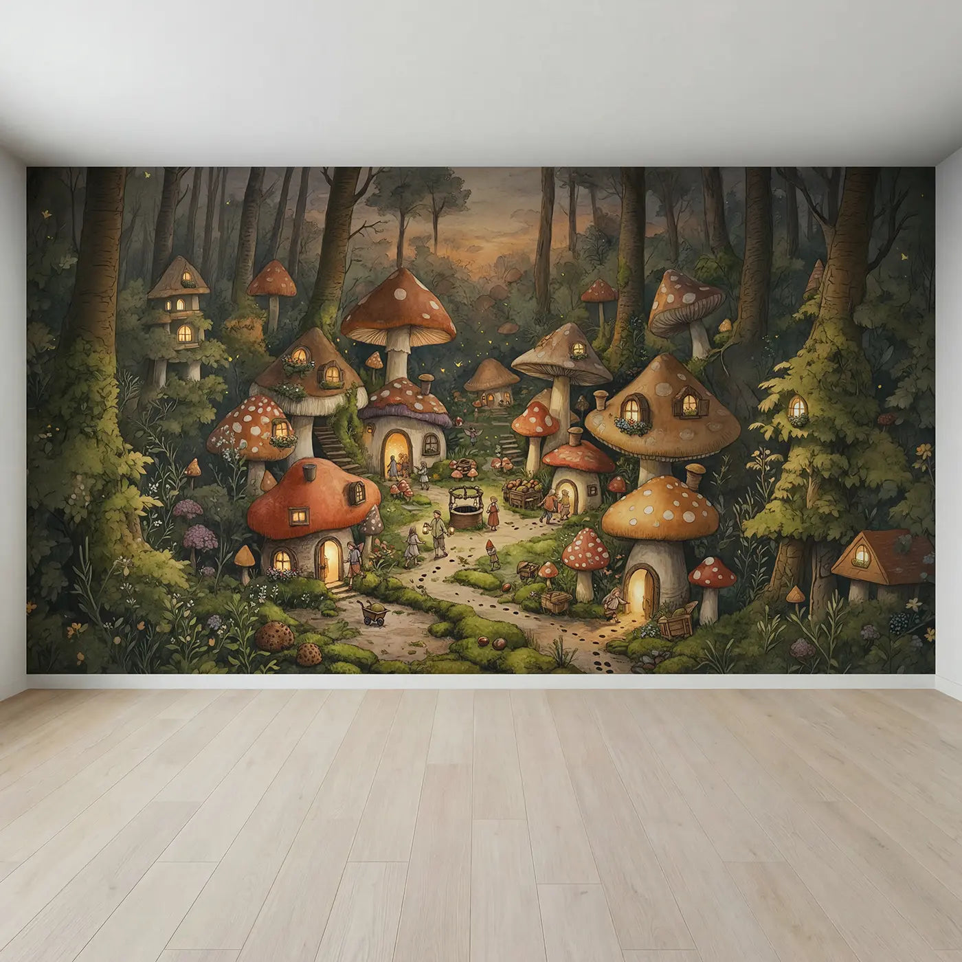Full view of Twilight Mushroom Village Wallpaper Mural by Whimsy Tots