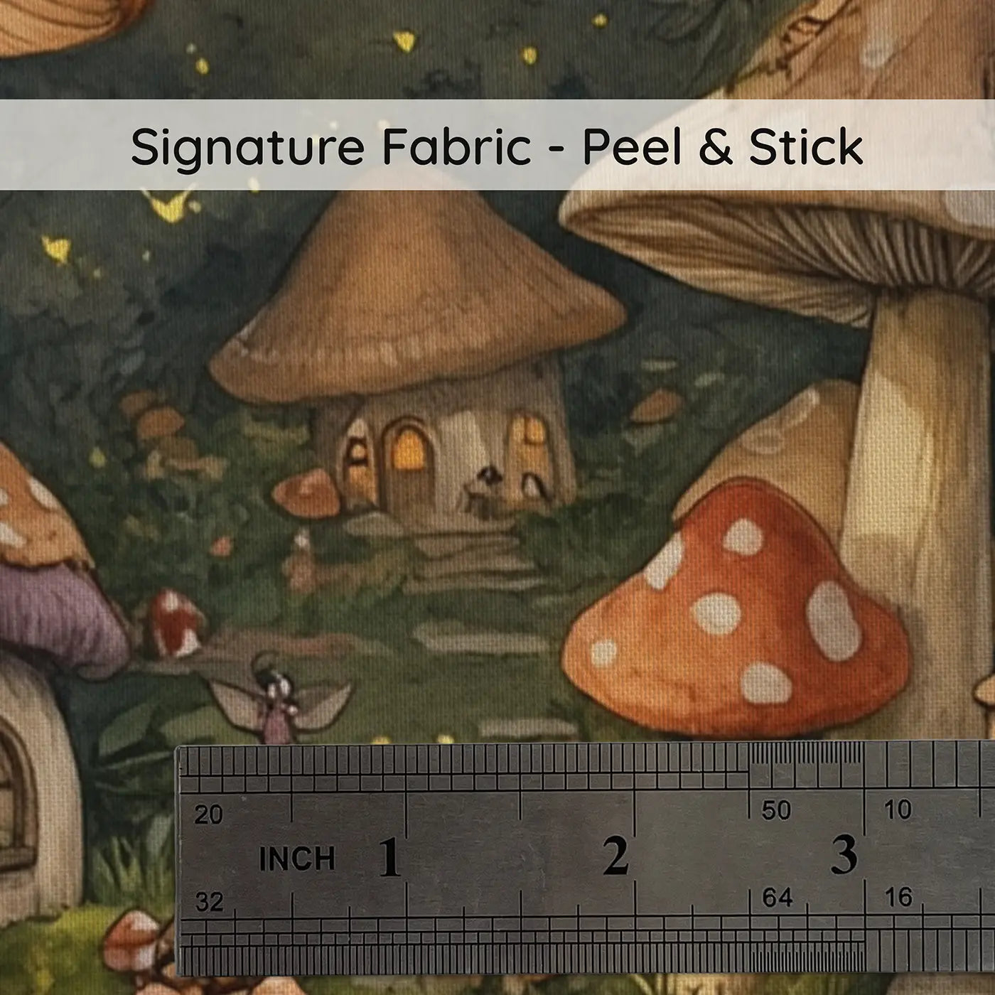 Fabric texture close-up of Twilight Mushroom Village Wallpaper Mural by Whimsy Tots
