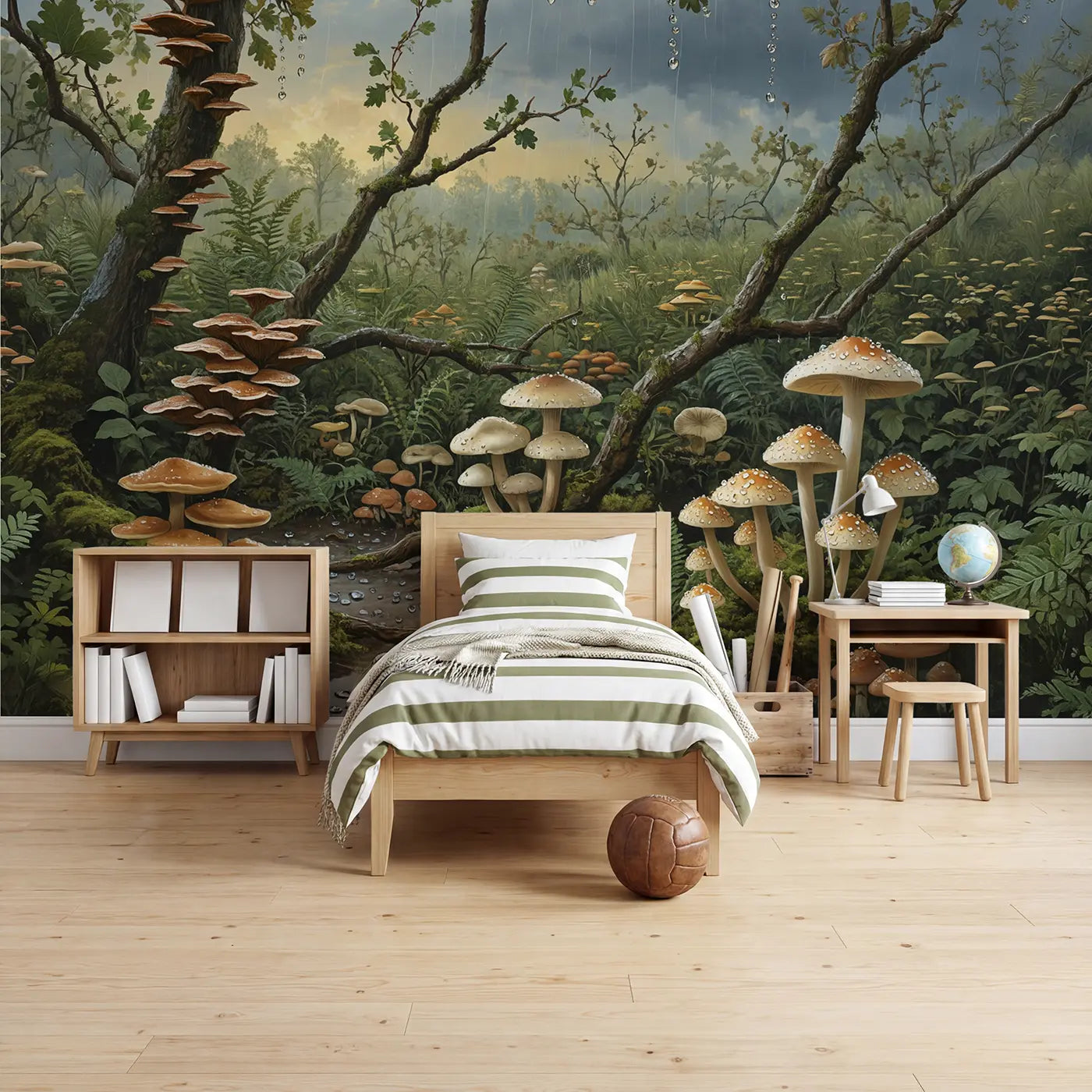 botanical elegance mushroom forest rain-washed ferns wallpaper mural for boys room by Whimsy Tots