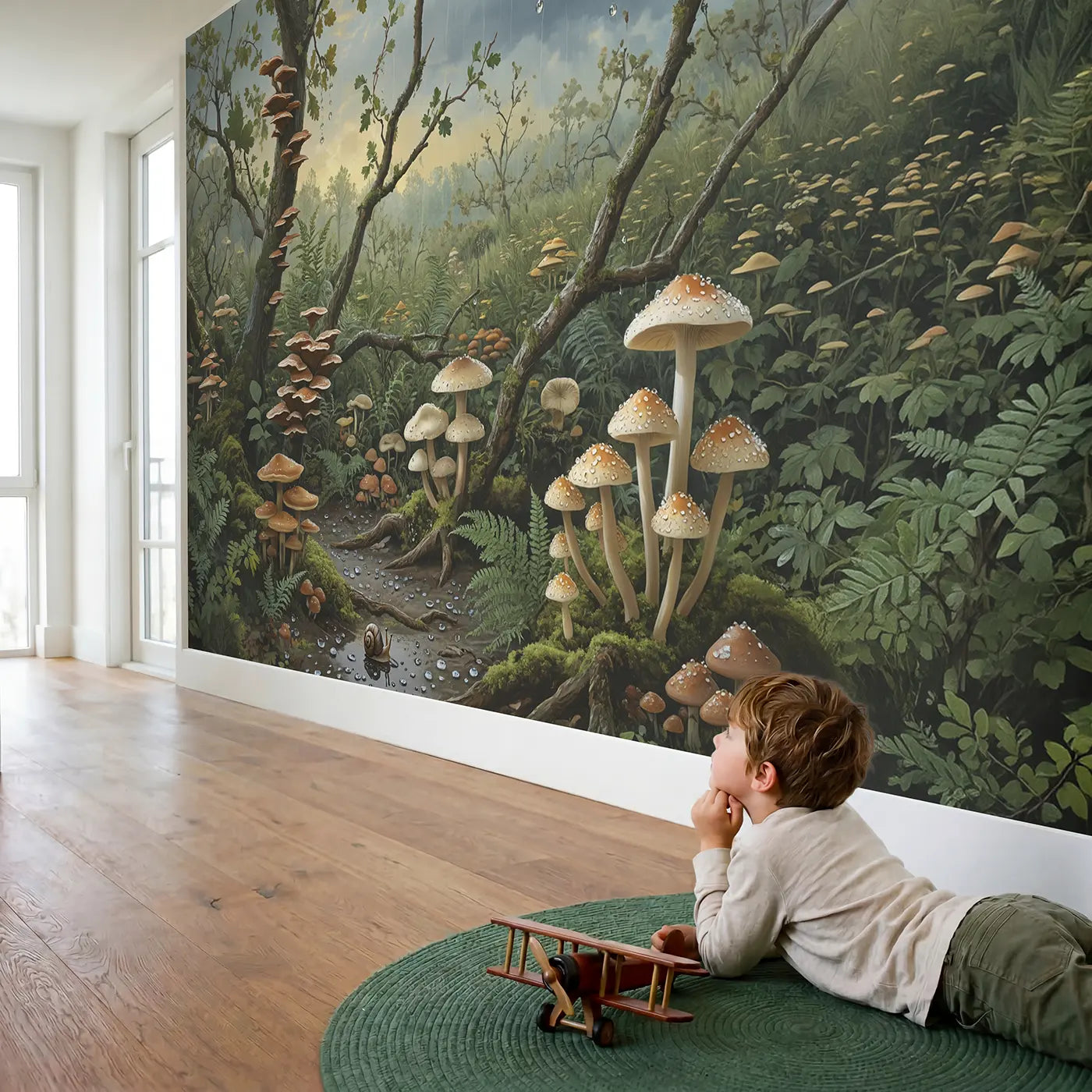 Child in nursery with Rain-Washed Mushroom Forest Wallpaper Mural by Whimsy Tots