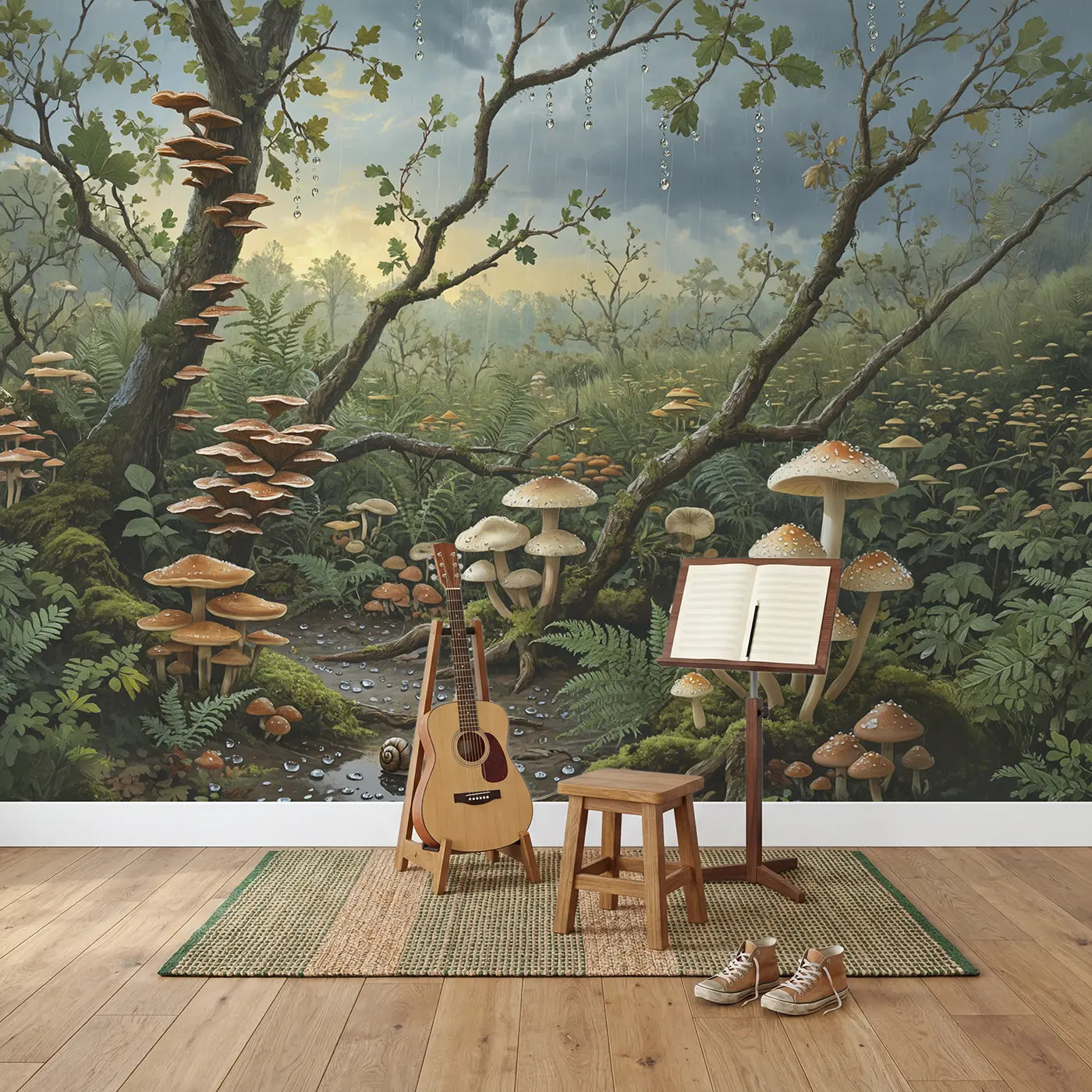 Rain-Washed Mushroom Forest Wallpaper Mural in playroom setting by Whimsy Tots