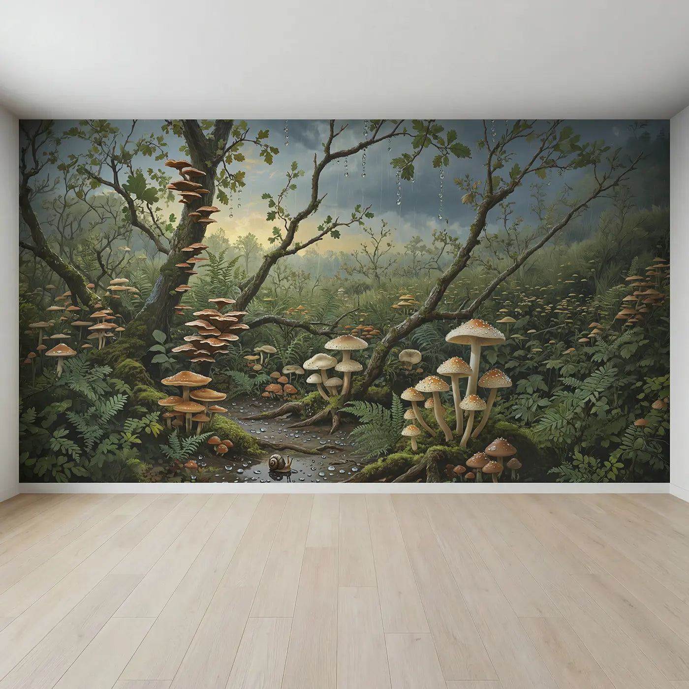 Full view of Rain-Washed Mushroom Forest Wallpaper Mural by Whimsy Tots