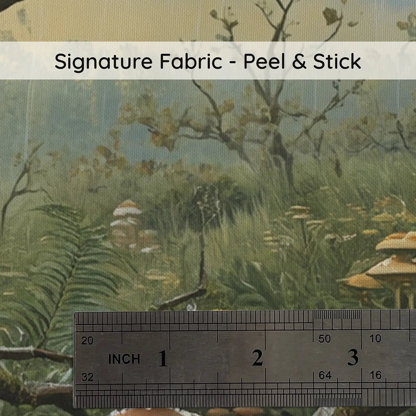 Fabric texture close-up of Rain-Washed Mushroom Forest Wallpaper Mural by Whimsy Tots