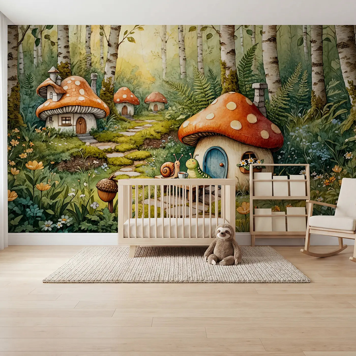 Storybook mushroom porch cottage wallpaper mural for kids room by Whimsy Tots