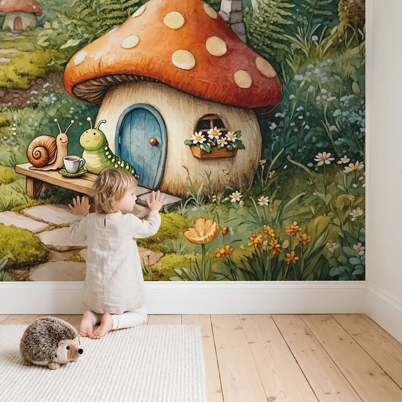 Child in nursery with Mushroom Porch Neighbors Wallpaper Mural by Whimsy Tots