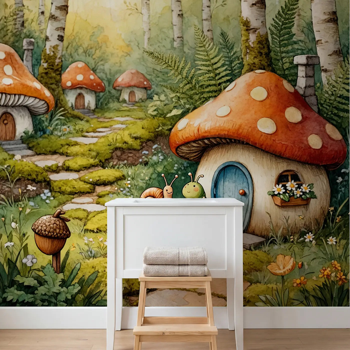 Mushroom Porch Neighbors Wallpaper Mural in playroom setting by Whimsy Tots