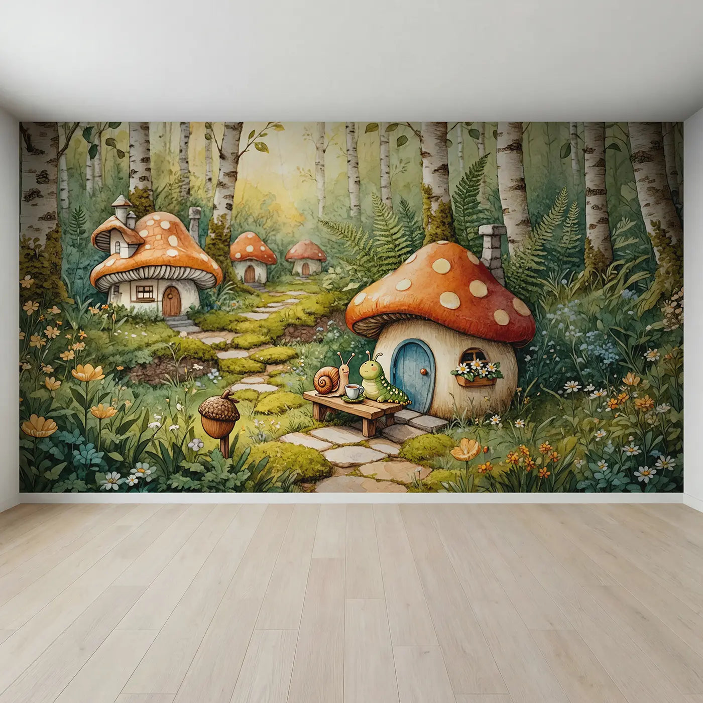 Full view of Mushroom Porch Neighbors Wallpaper Mural by Whimsy Tots