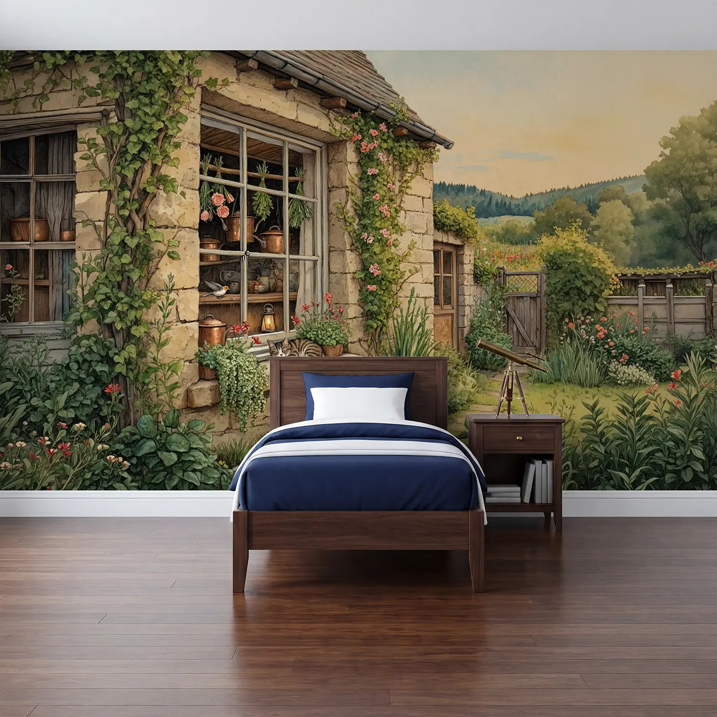Storybook cottage window herb drying wallpaper mural for kids room by Whimsy Tots