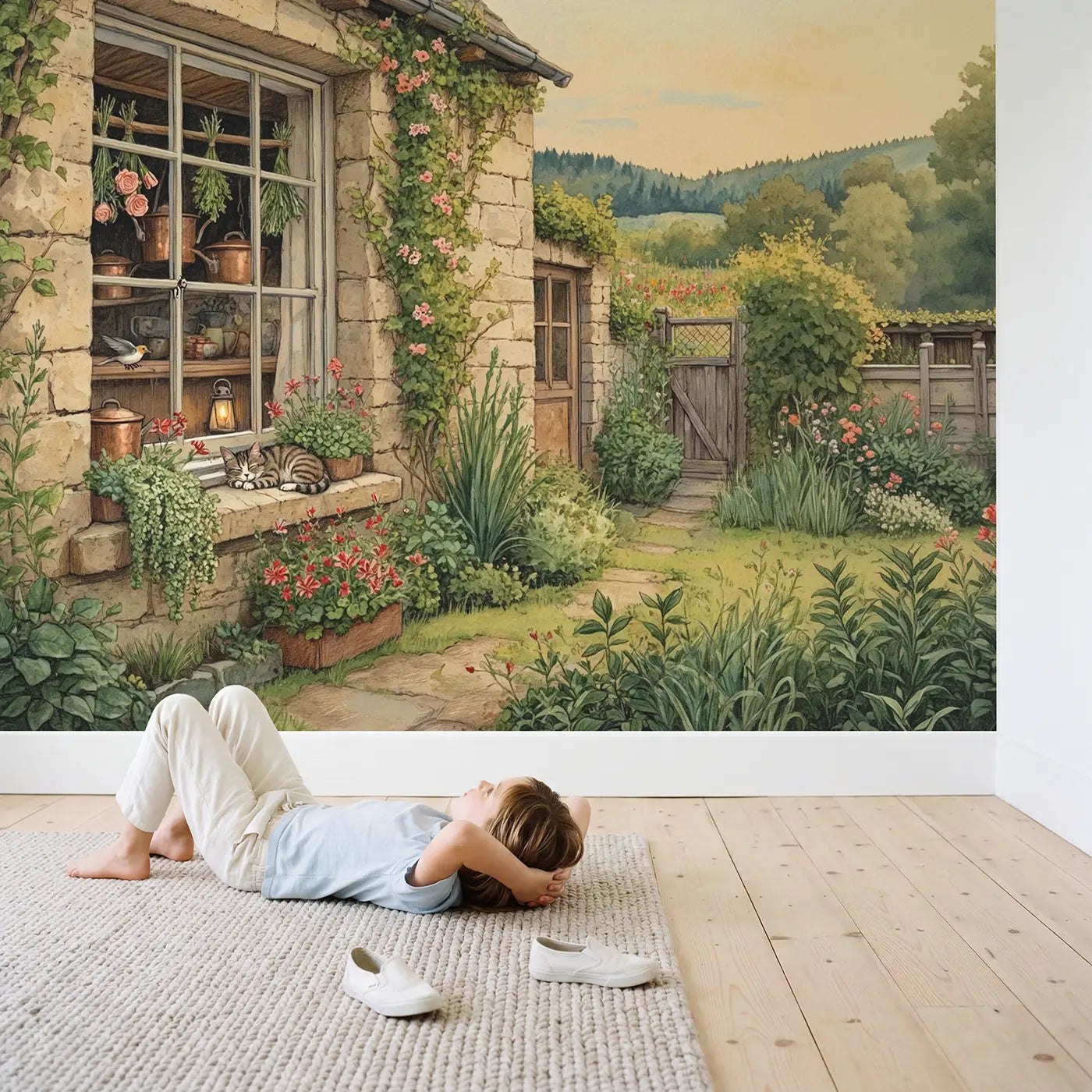 Child in nursery with Cottage Window Herb Drying Wallpaper Mural by Whimsy Tots