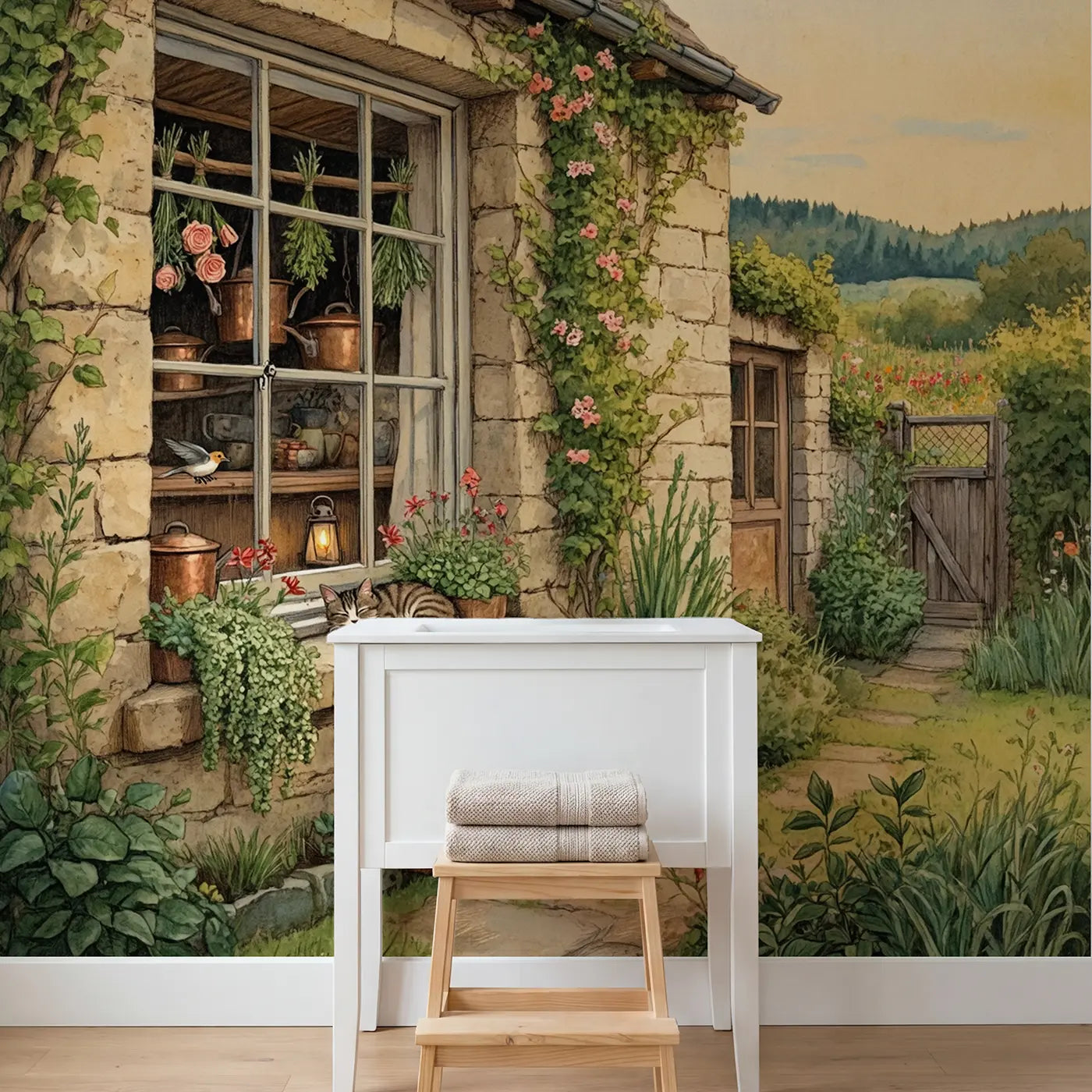 Cottage Window Herb Drying Wallpaper Mural in playroom setting by Whimsy Tots