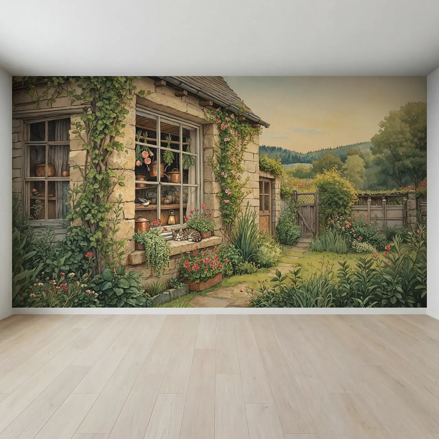 Full view of Cottage Window Herb Drying Wallpaper Mural by Whimsy Tots