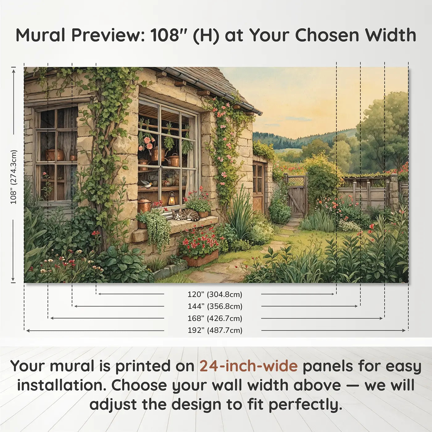 Panel layout and dimensions for Cottage Window Herb Drying Wallpaper Mural by Whimsy Tots