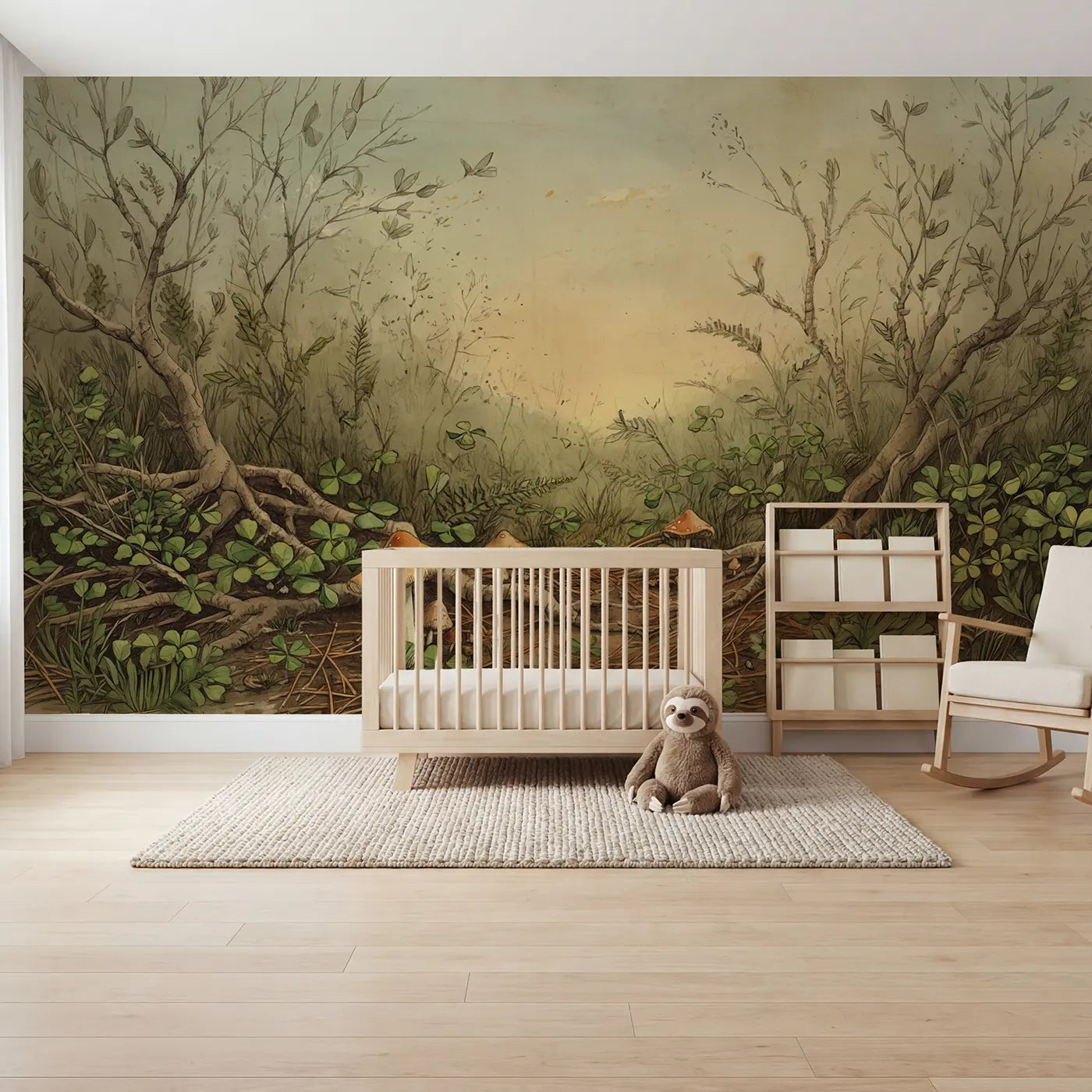 Storybook caterpillar mushroom forest wallpaper mural for nursery by Whimsy Tots