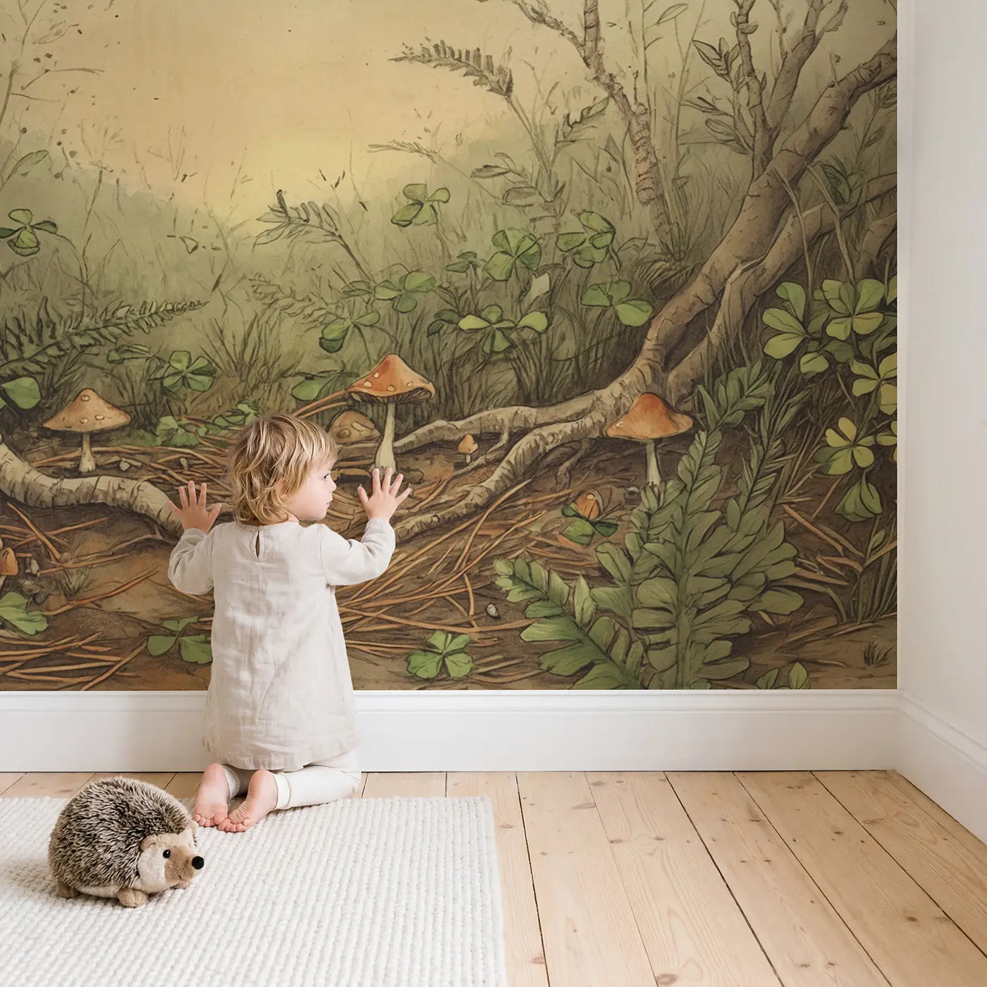 Child in nursery with Caterpillar Inchworm Measuring Mushroom Wallpaper Mural by Whimsy Tots