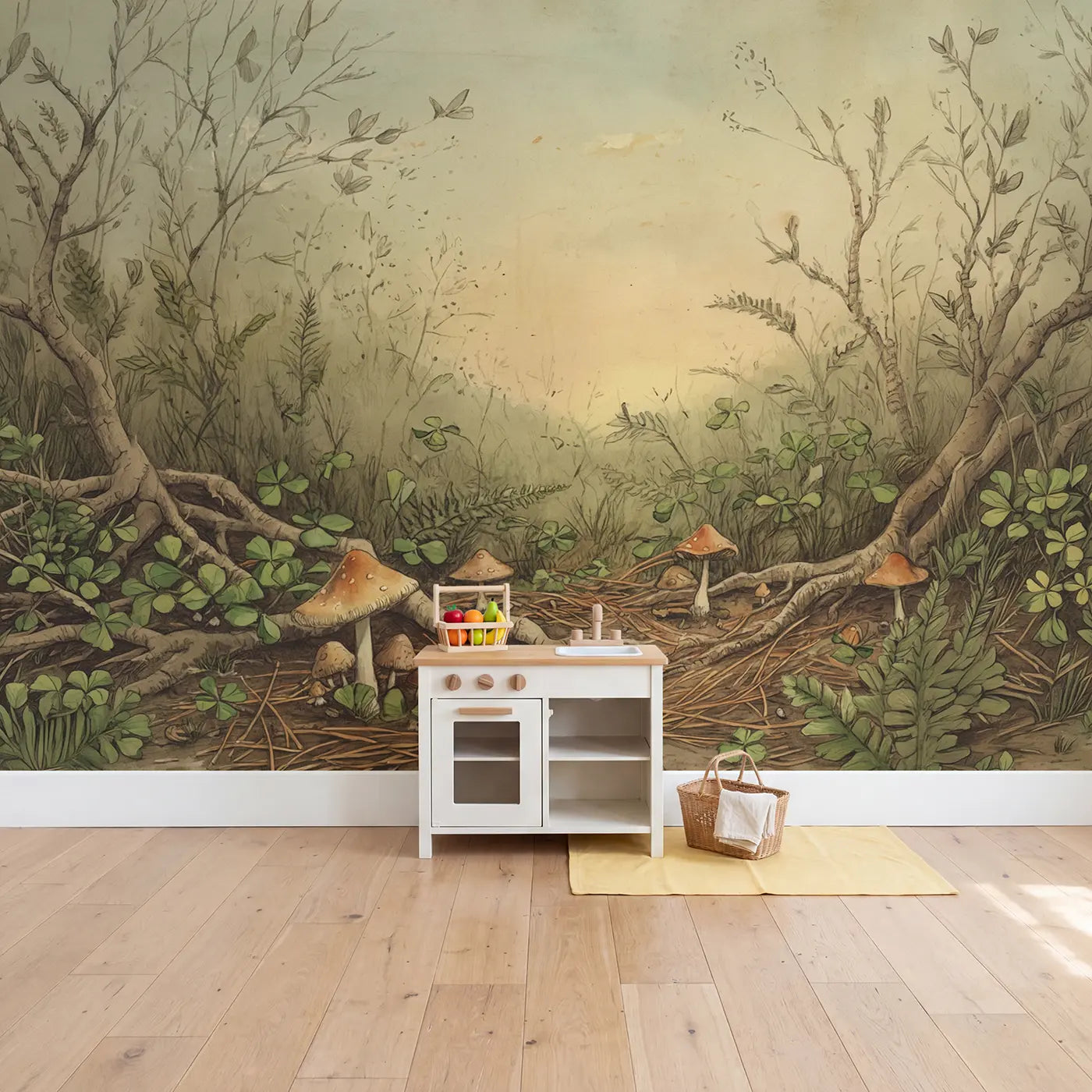 Caterpillar Inchworm Measuring Mushroom Wallpaper Mural in playroom setting by Whimsy Tots