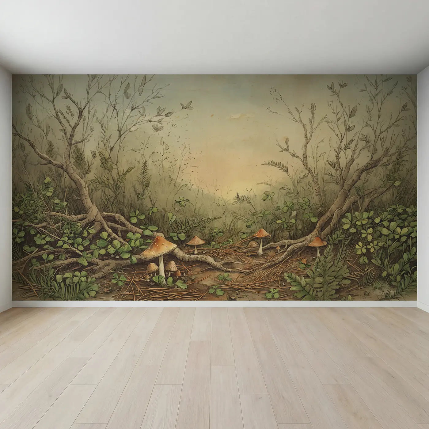 Full view of Caterpillar Inchworm Measuring Mushroom Wallpaper Mural by Whimsy Tots