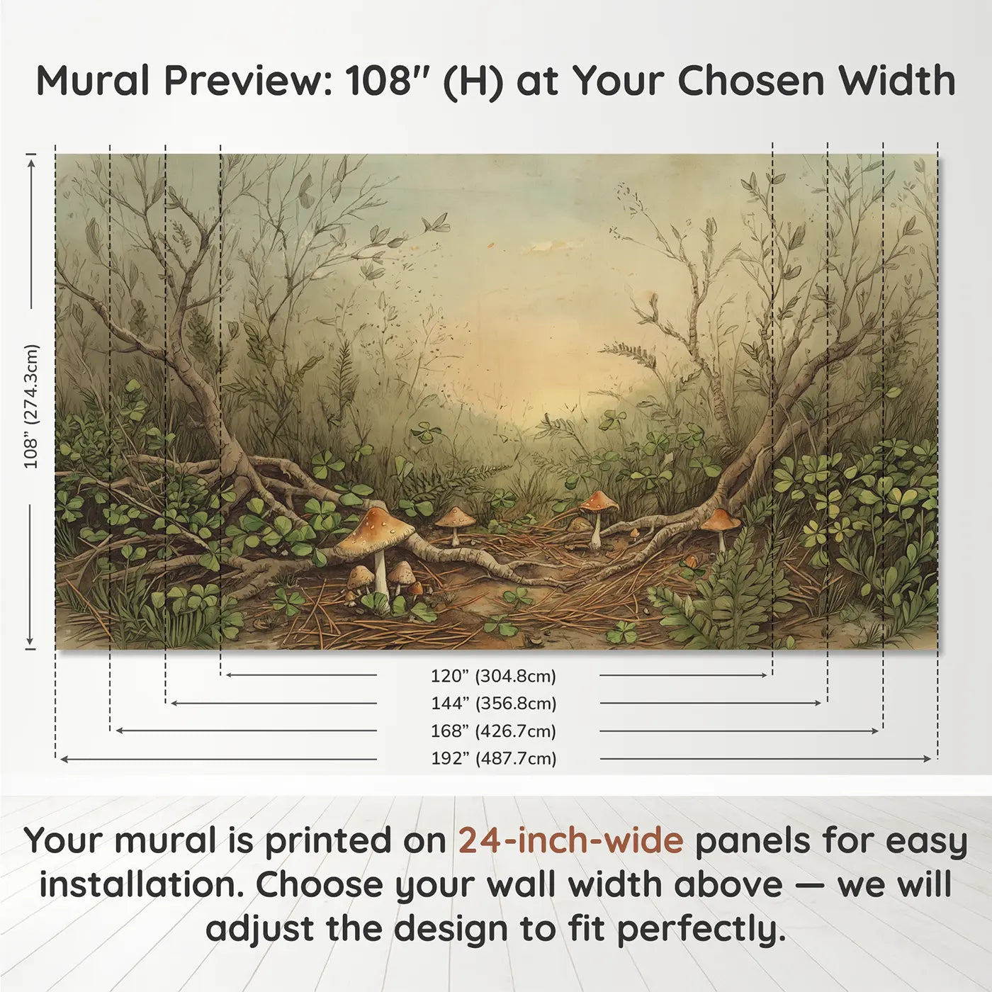 Panel layout and dimensions for Caterpillar Inchworm Measuring Mushroom Wallpaper Mural by Whimsy Tots