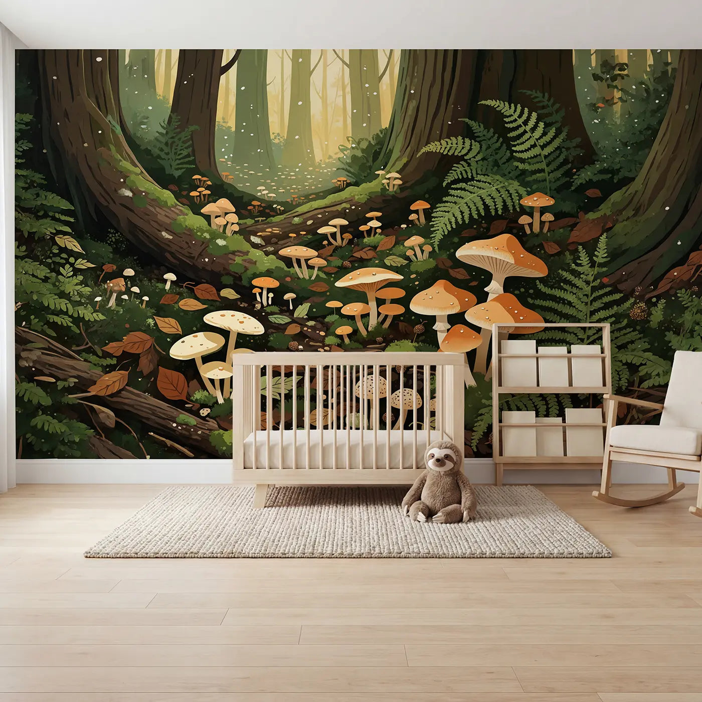 Modern Illustration mushroom forest floor dawn wallpaper mural for kids room by Whimsy Tots