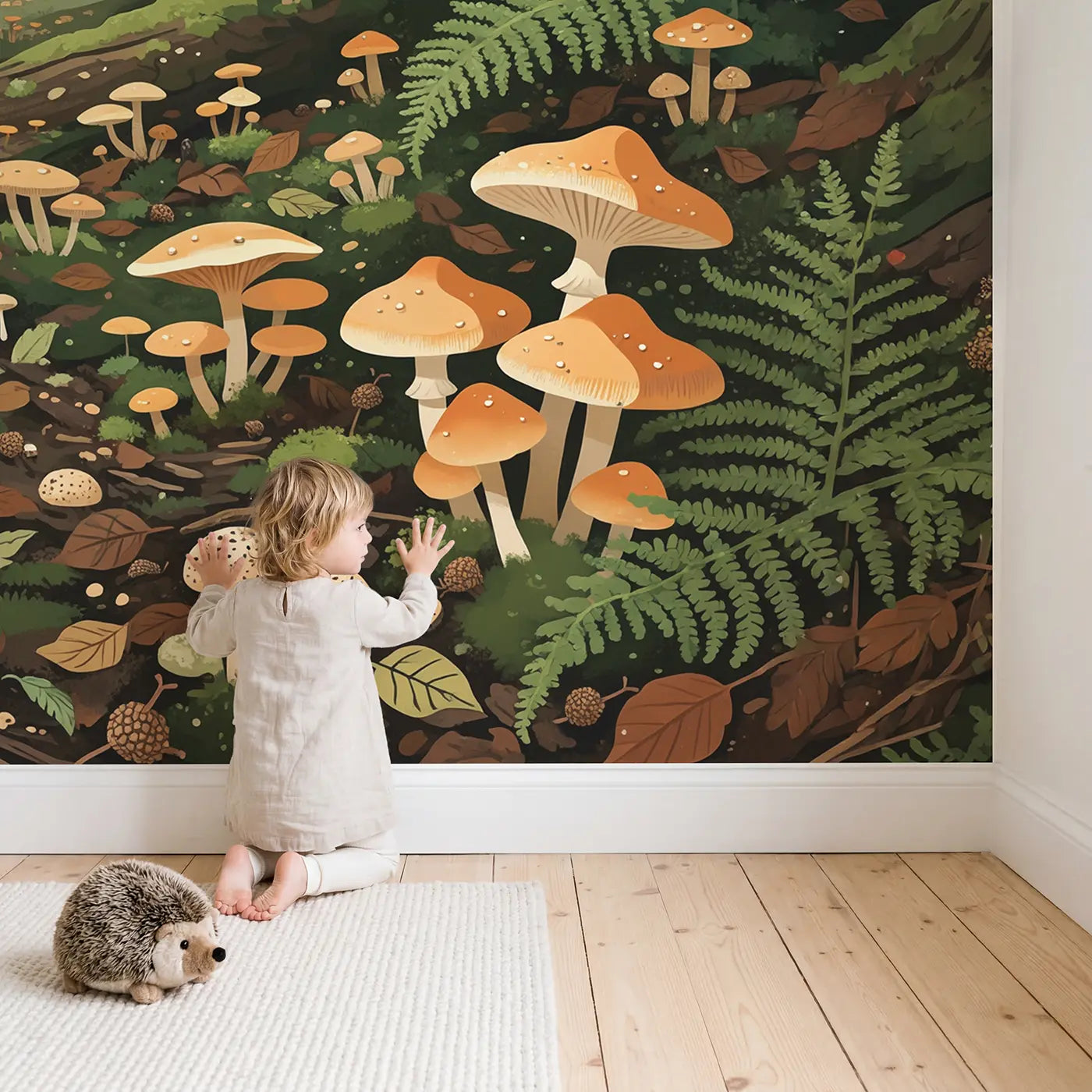 Child in nursery with Dawn Mushroom Forest Floor Wallpaper Mural by Whimsy Tots