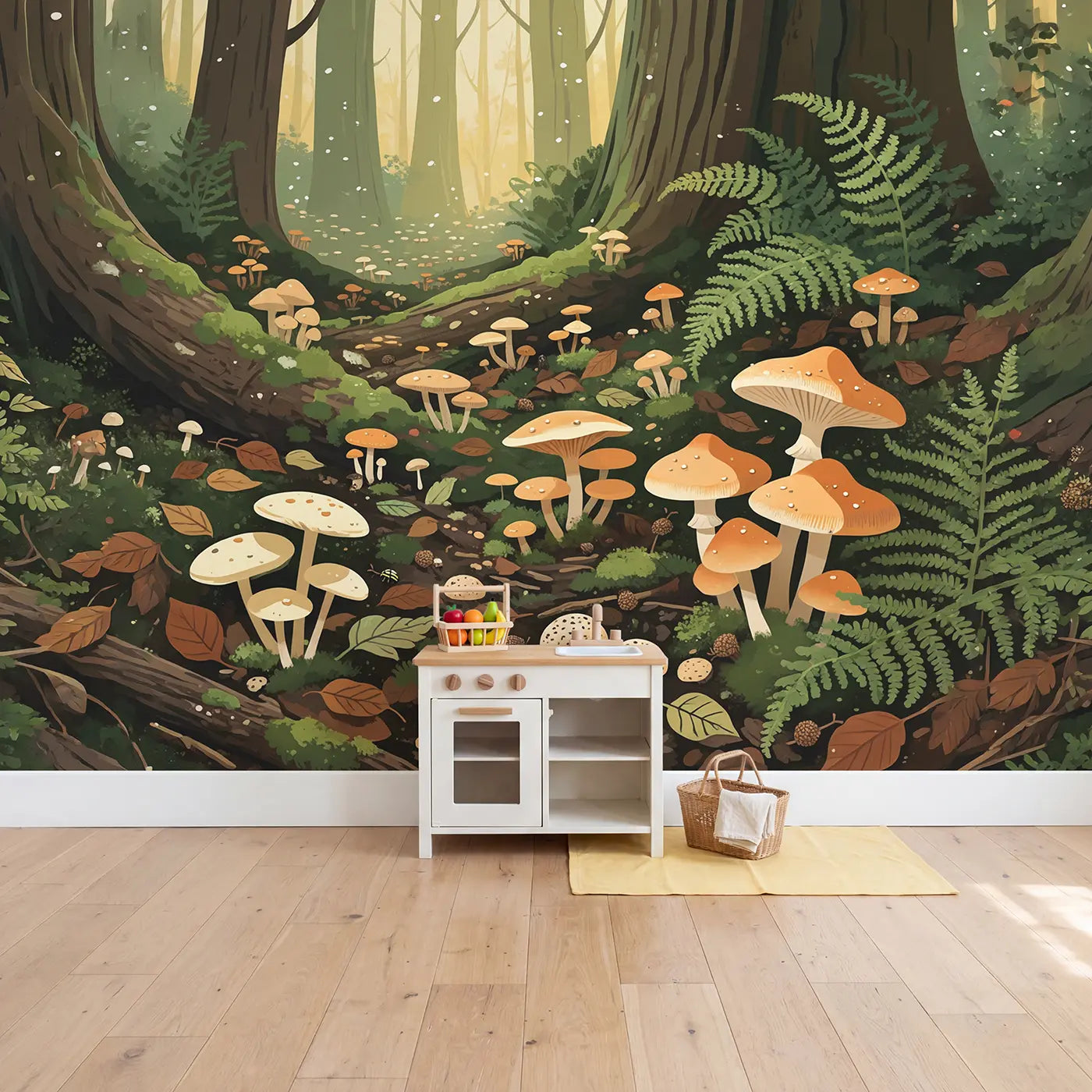 Dawn Mushroom Forest Floor Wallpaper Mural in playroom setting by Whimsy Tots