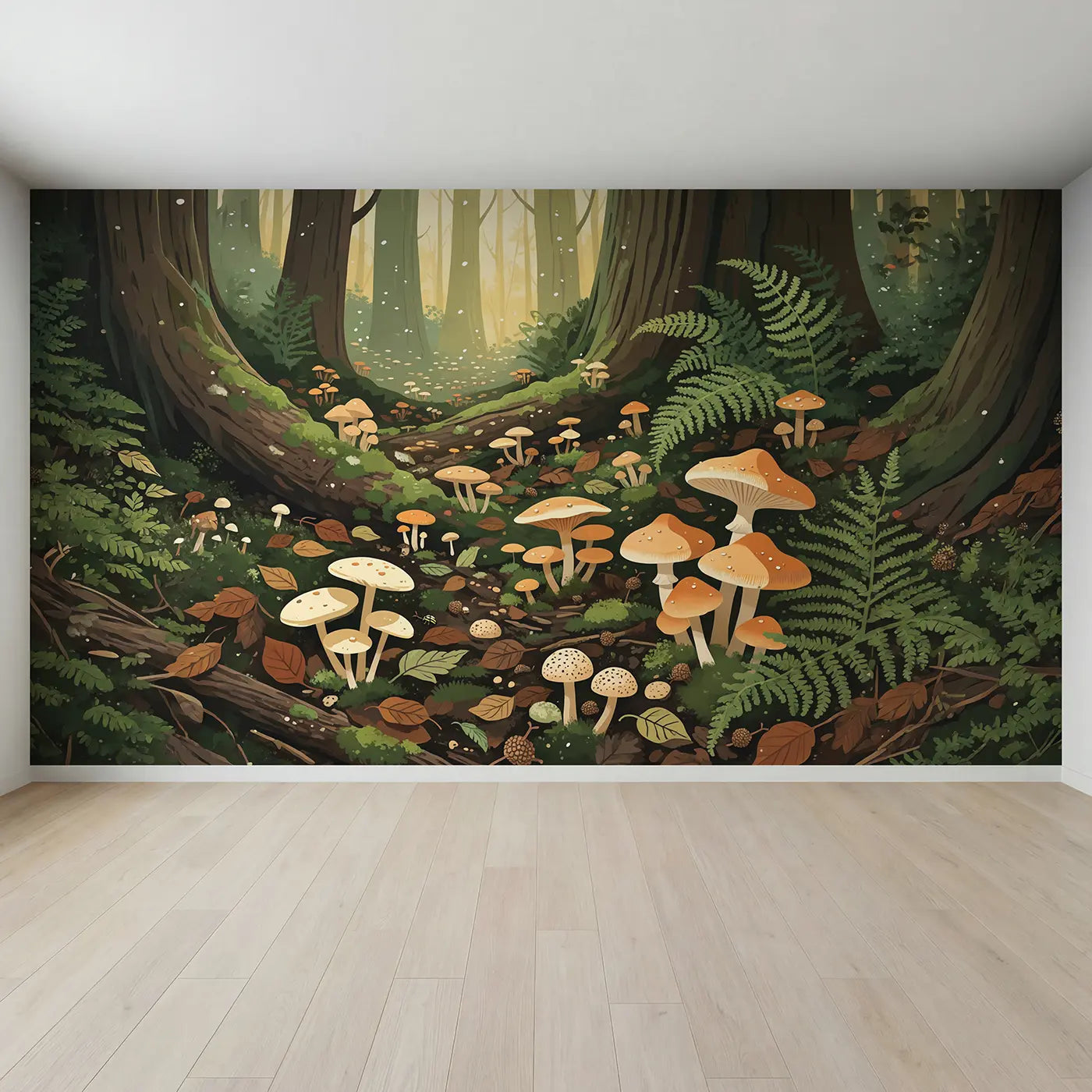 Full view of Dawn Mushroom Forest Floor Wallpaper Mural by Whimsy Tots