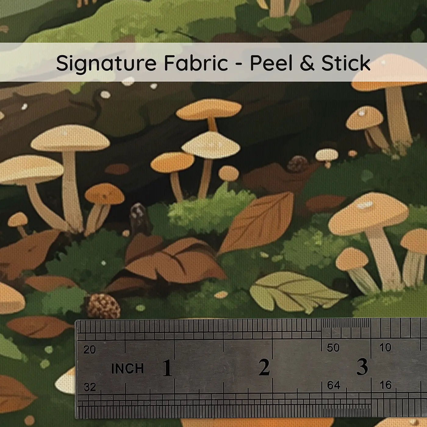 Fabric texture close-up of Dawn Mushroom Forest Floor Wallpaper Mural by Whimsy Tots