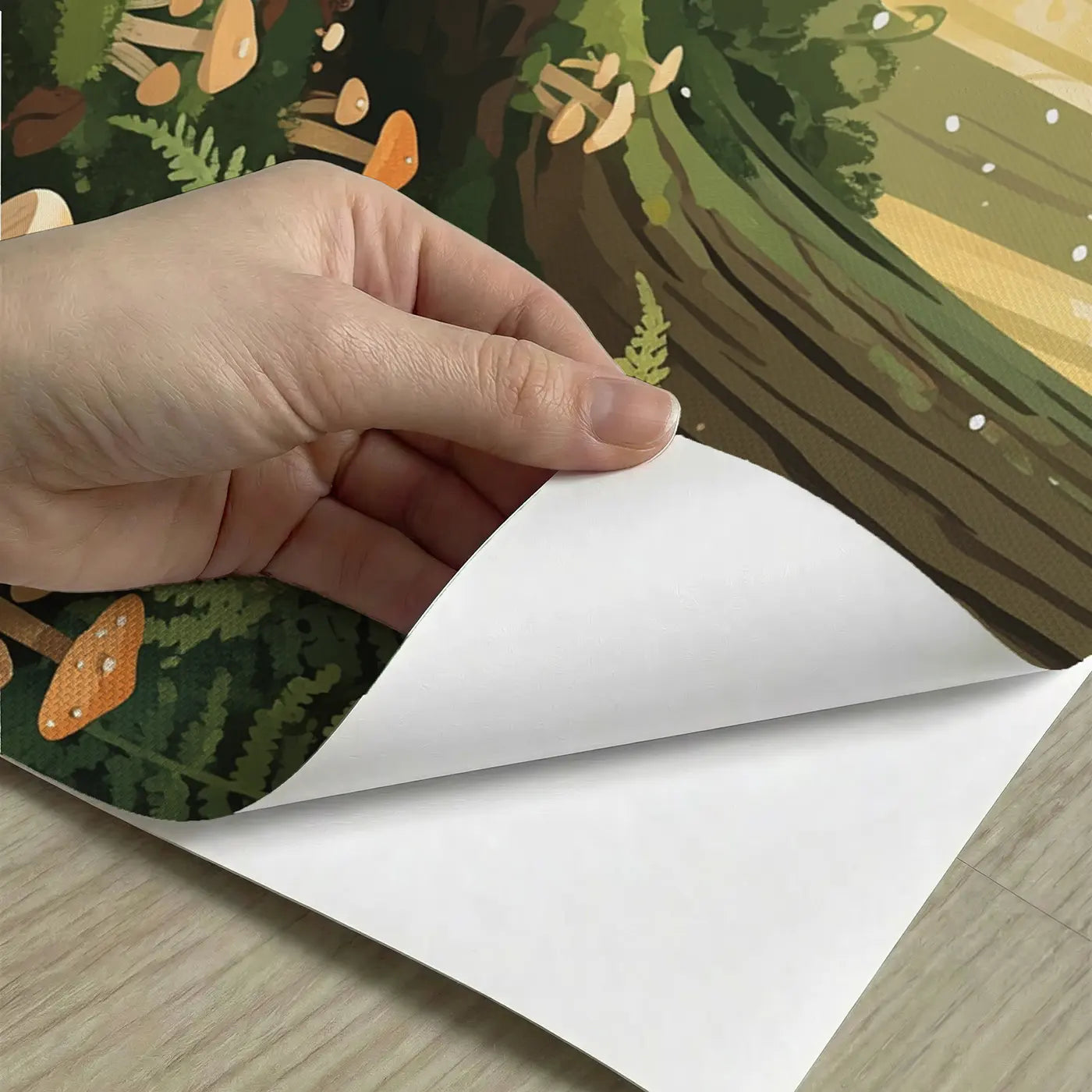 Peel-and-stick detail of Dawn Mushroom Forest Floor Wallpaper Mural by Whimsy Tots