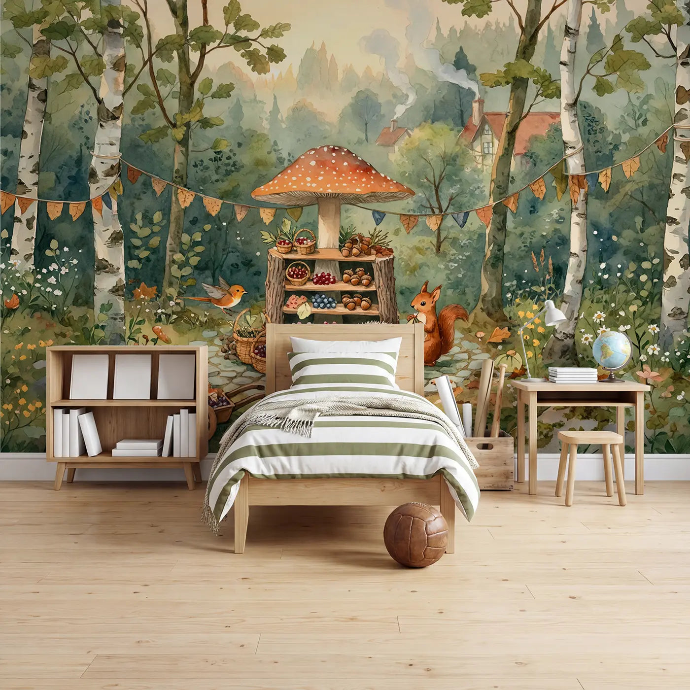 watercolor mushroom market woodland creatures forest wallpaper mural for boys room by Whimsy Tots