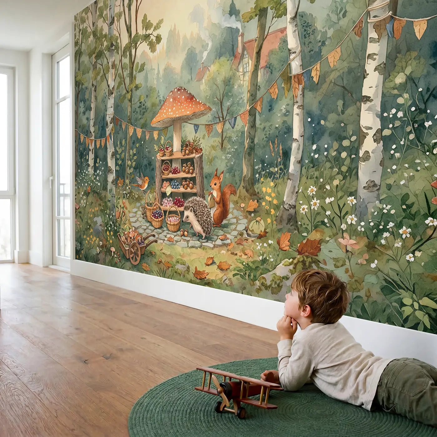 Child in nursery with Mushroom Market Morning Wallpaper Mural by Whimsy Tots