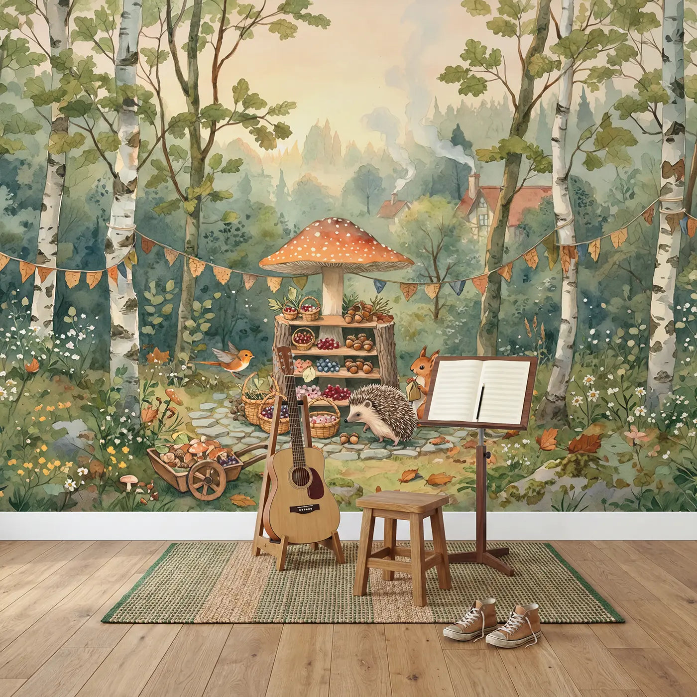 Mushroom Market Morning Wallpaper Mural in playroom setting by Whimsy Tots