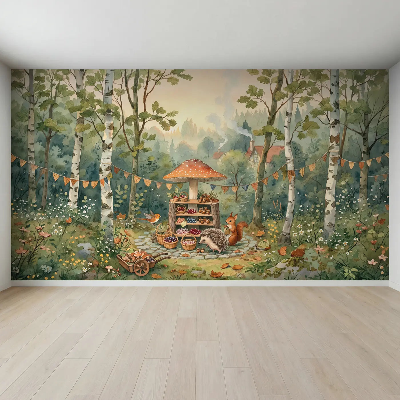 Full view of Mushroom Market Morning Wallpaper Mural by Whimsy Tots